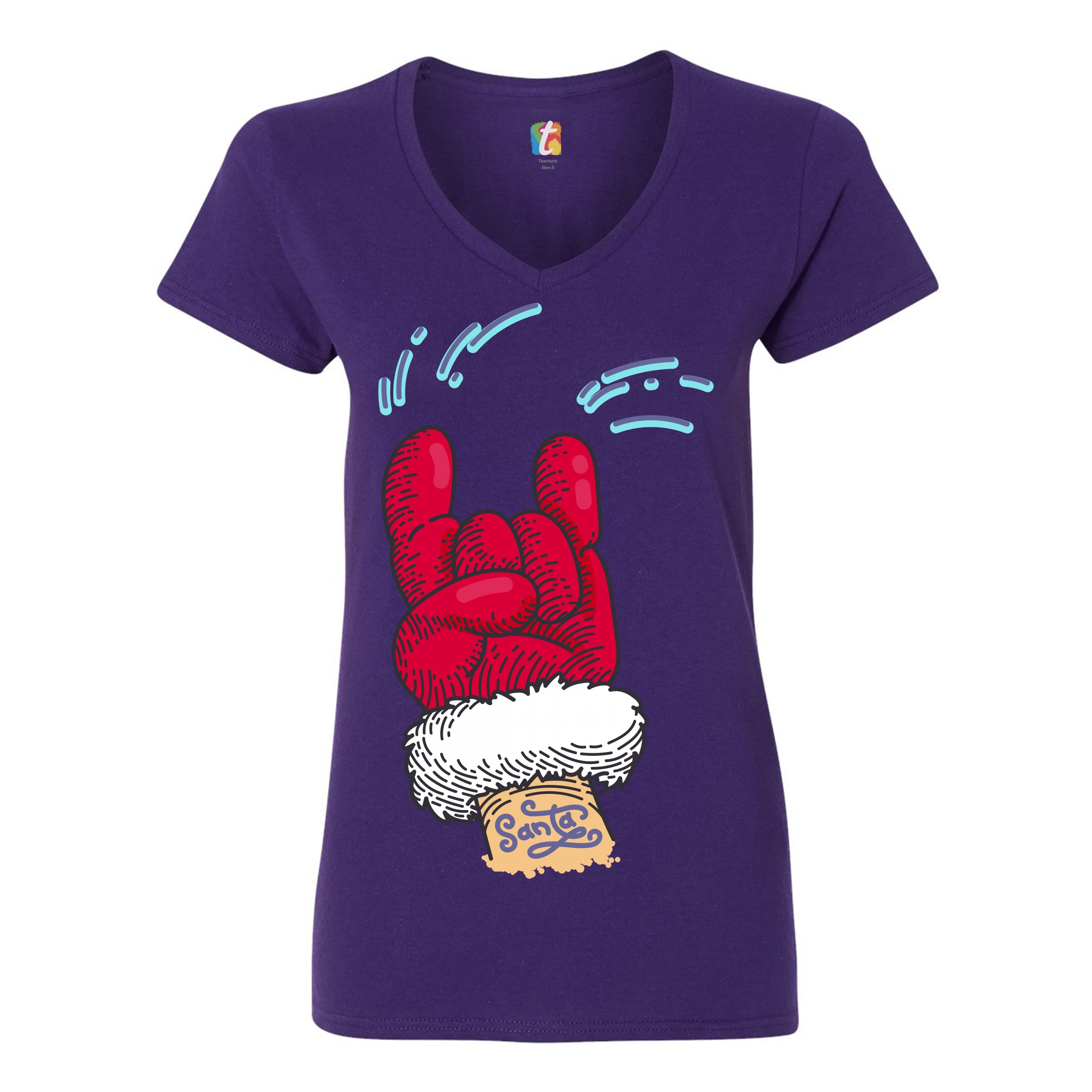Santa Claus Rock Horns Women's V-Neck T-shirt Merry Christmas Xmas Holiday Tee - Picture 15 of 41