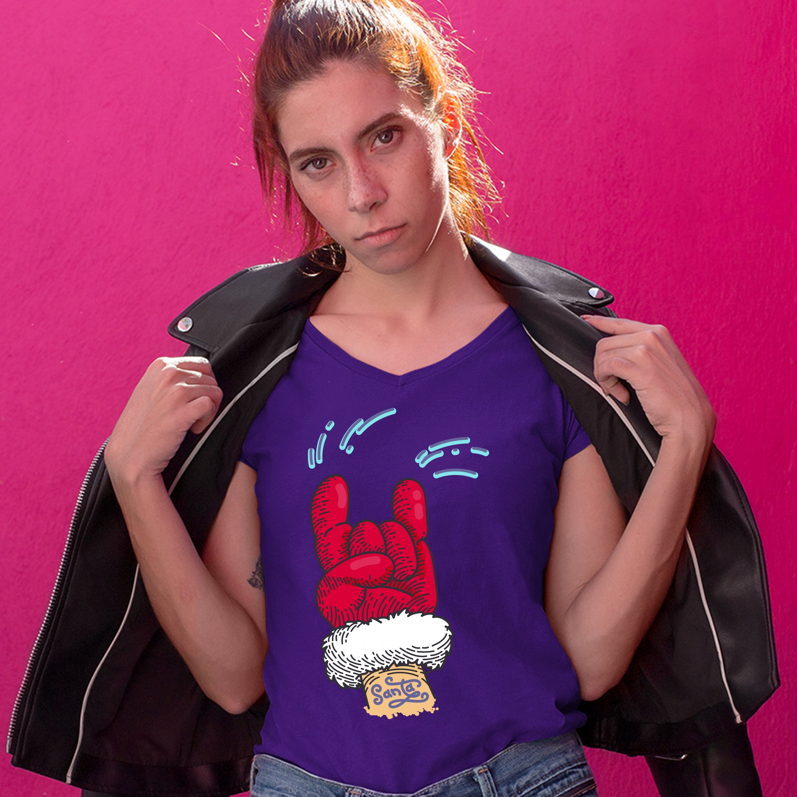 Santa Claus Rock Horns Women's V-Neck T-shirt Merry Christmas Xmas Holiday Tee - Picture 17 of 41