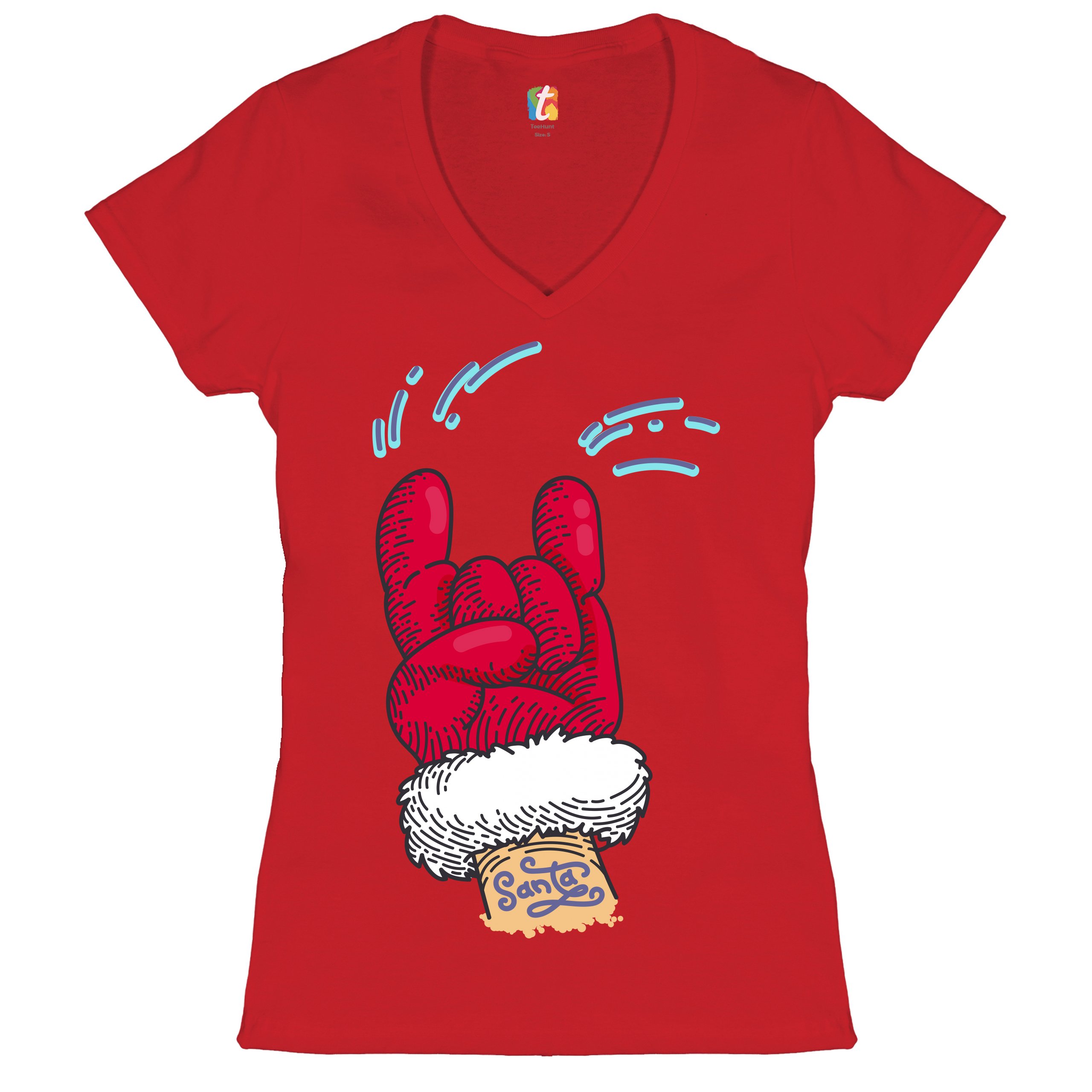 Santa Claus Rock Horns Women's V-Neck T-shirt Merry Christmas Xmas Holiday Tee - Picture 18 of 41