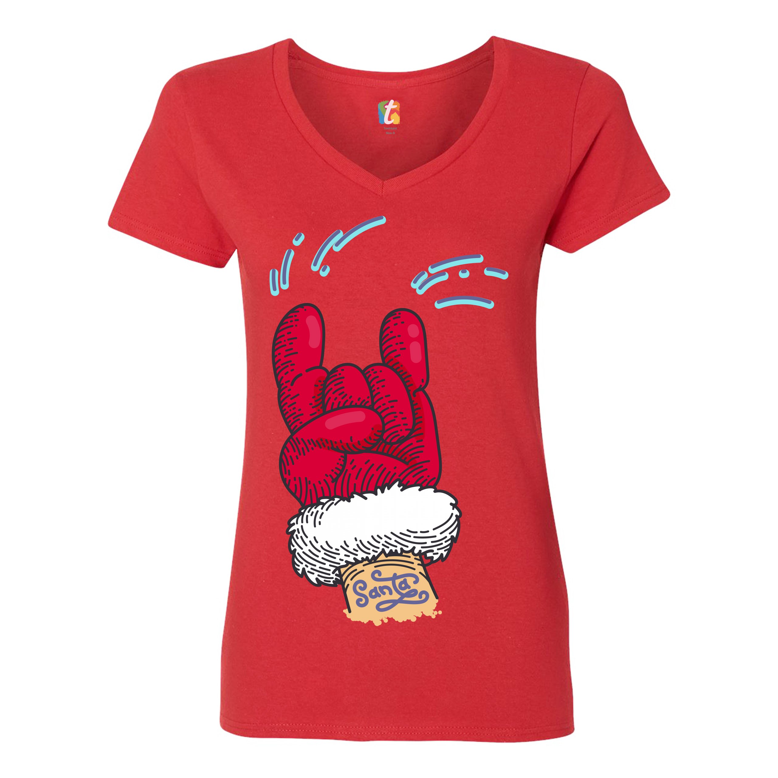 Santa Claus Rock Horns Women's V-Neck T-shirt Merry Christmas Xmas Holiday Tee - Picture 19 of 41