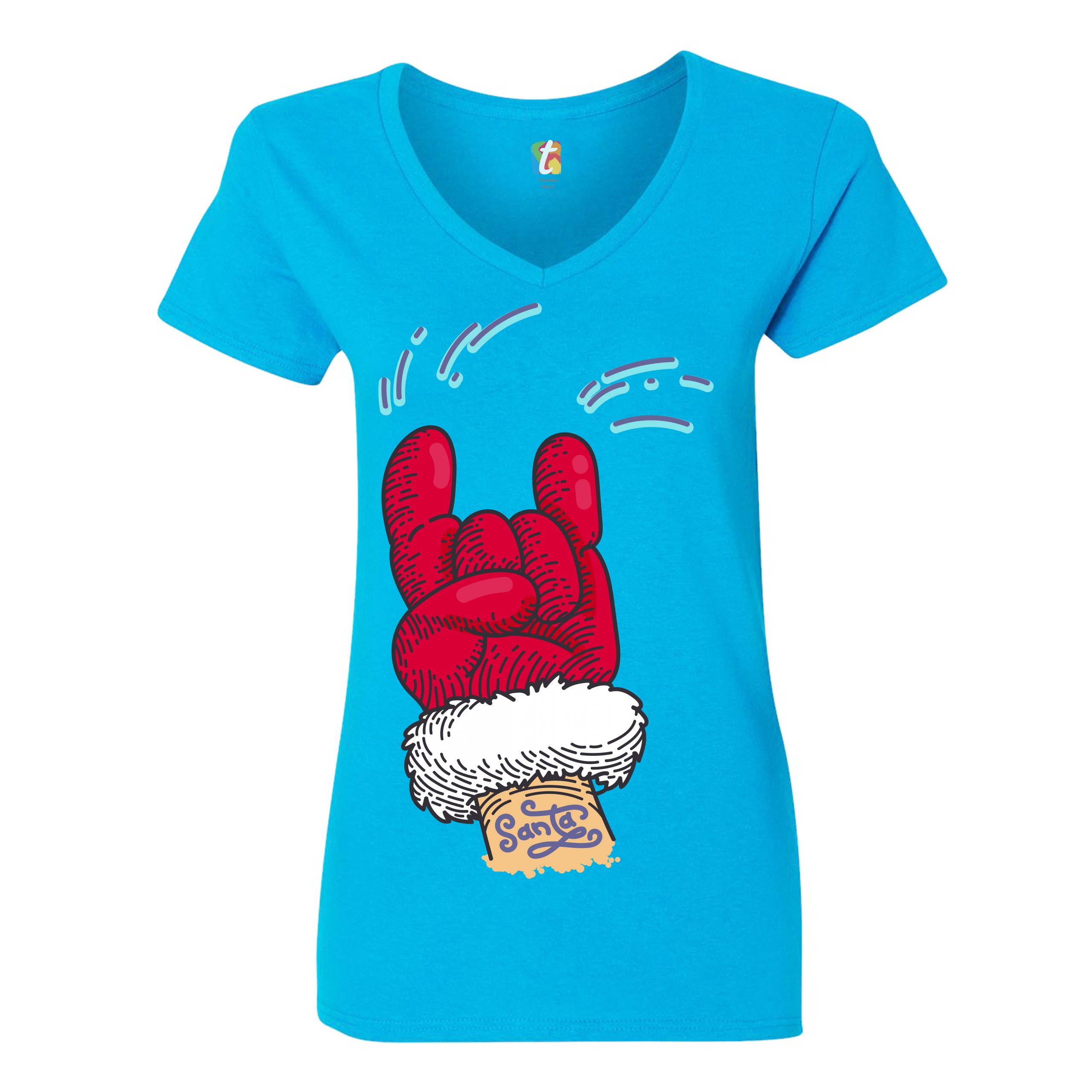 Santa Claus Rock Horns Women's V-Neck T-shirt Merry Christmas Xmas Holiday Tee - Picture 39 of 41