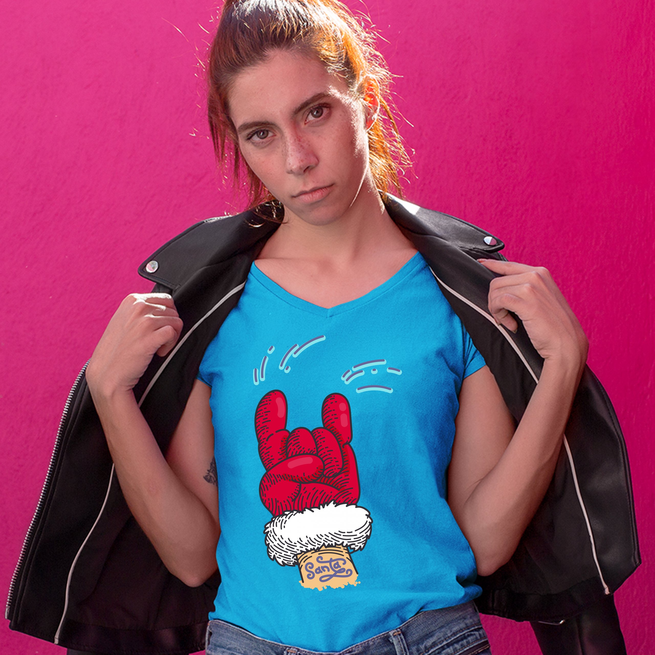 Santa Claus Rock Horns Women's V-Neck T-shirt Merry Christmas Xmas Holiday Tee - Picture 41 of 41