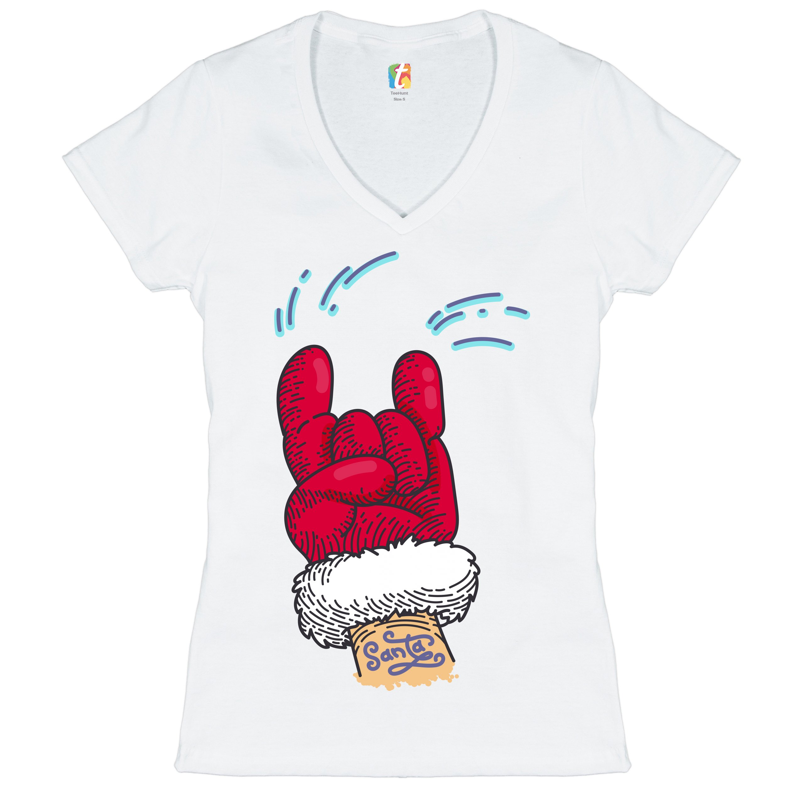 Santa Claus Rock Horns Women's V-Neck T-shirt Merry Christmas Xmas Holiday Tee - Picture 22 of 41