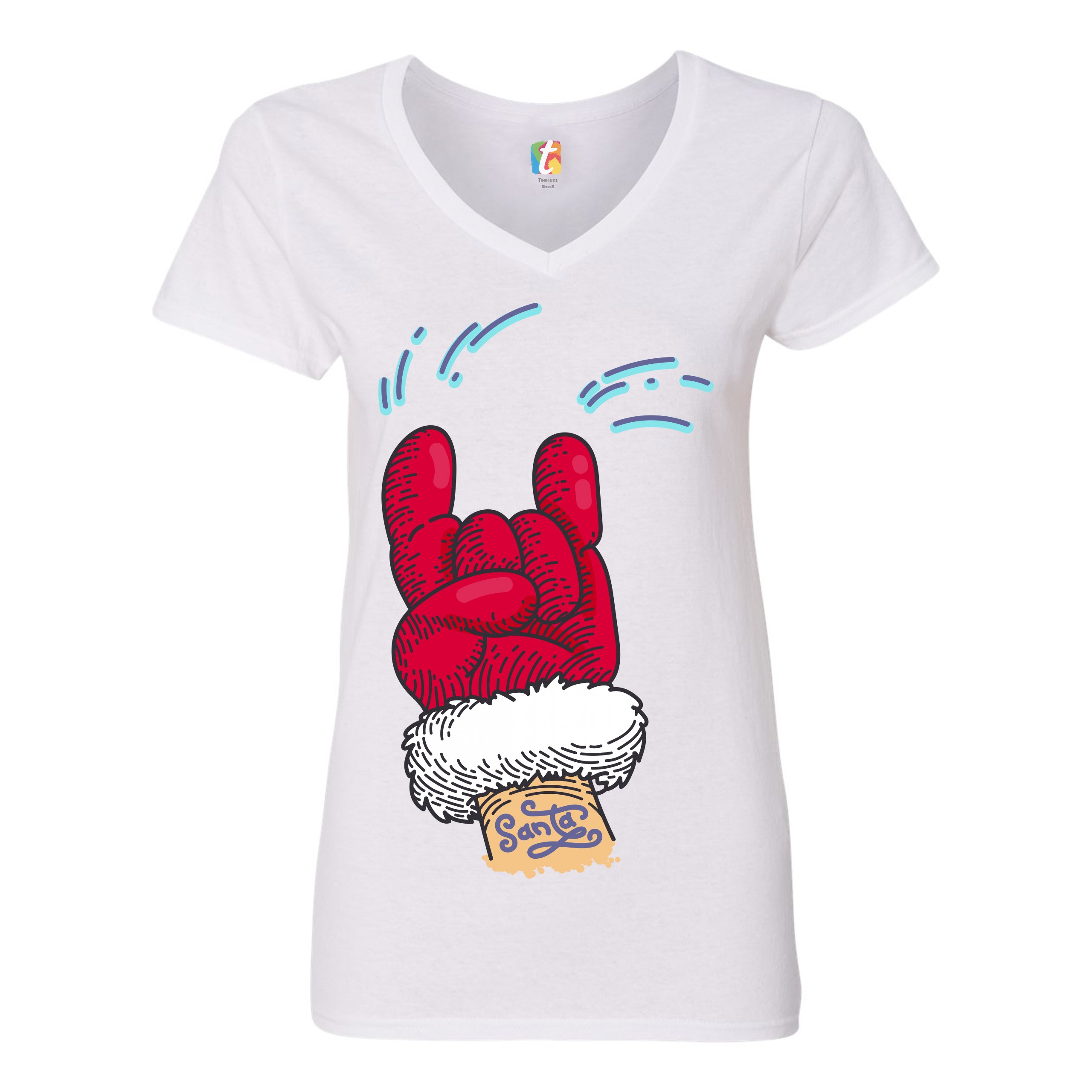 Santa Claus Rock Horns Women's V-Neck T-shirt Merry Christmas Xmas Holiday Tee - Picture 23 of 41