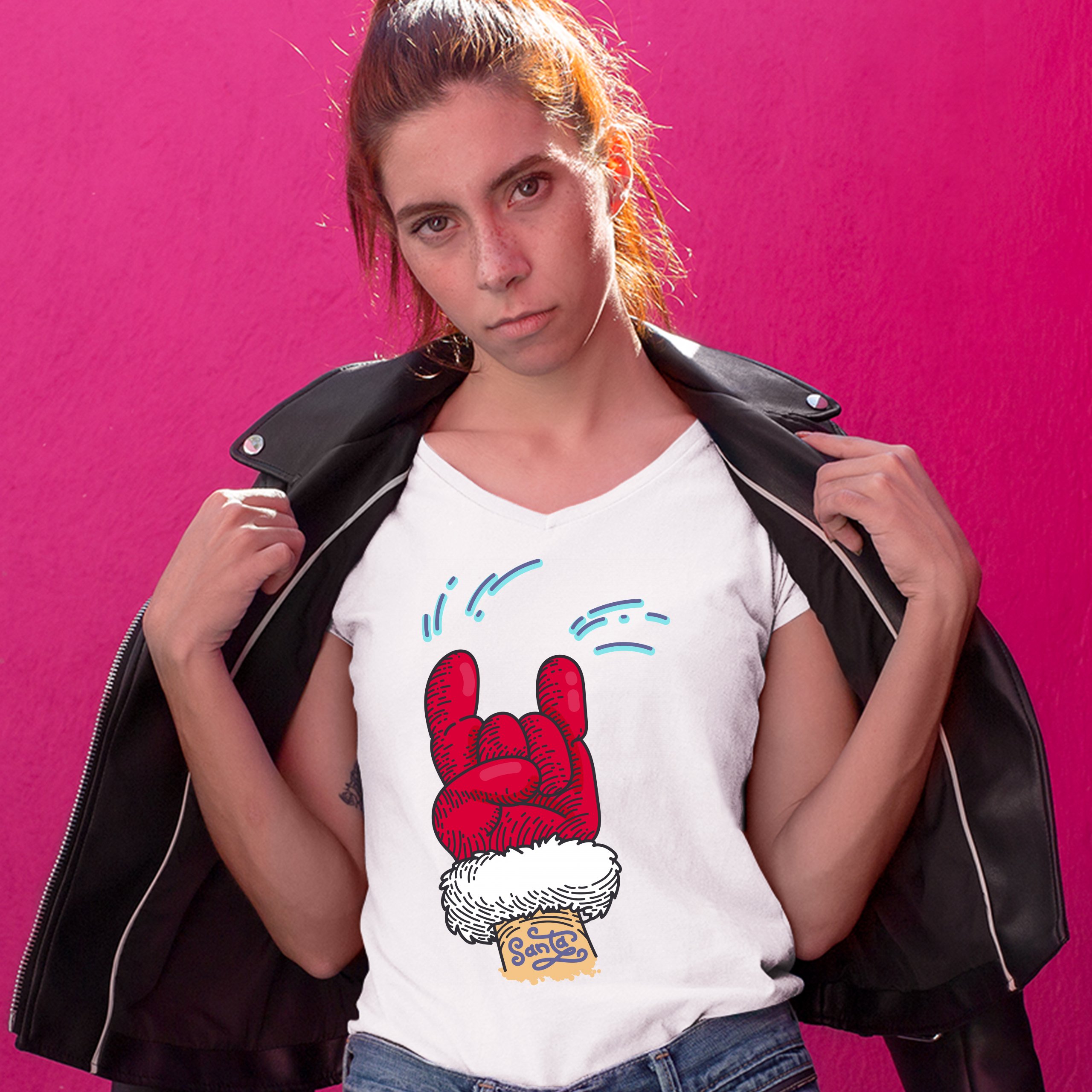 Santa Claus Rock Horns Women's V-Neck T-shirt Merry Christmas Xmas Holiday Tee - Picture 25 of 41