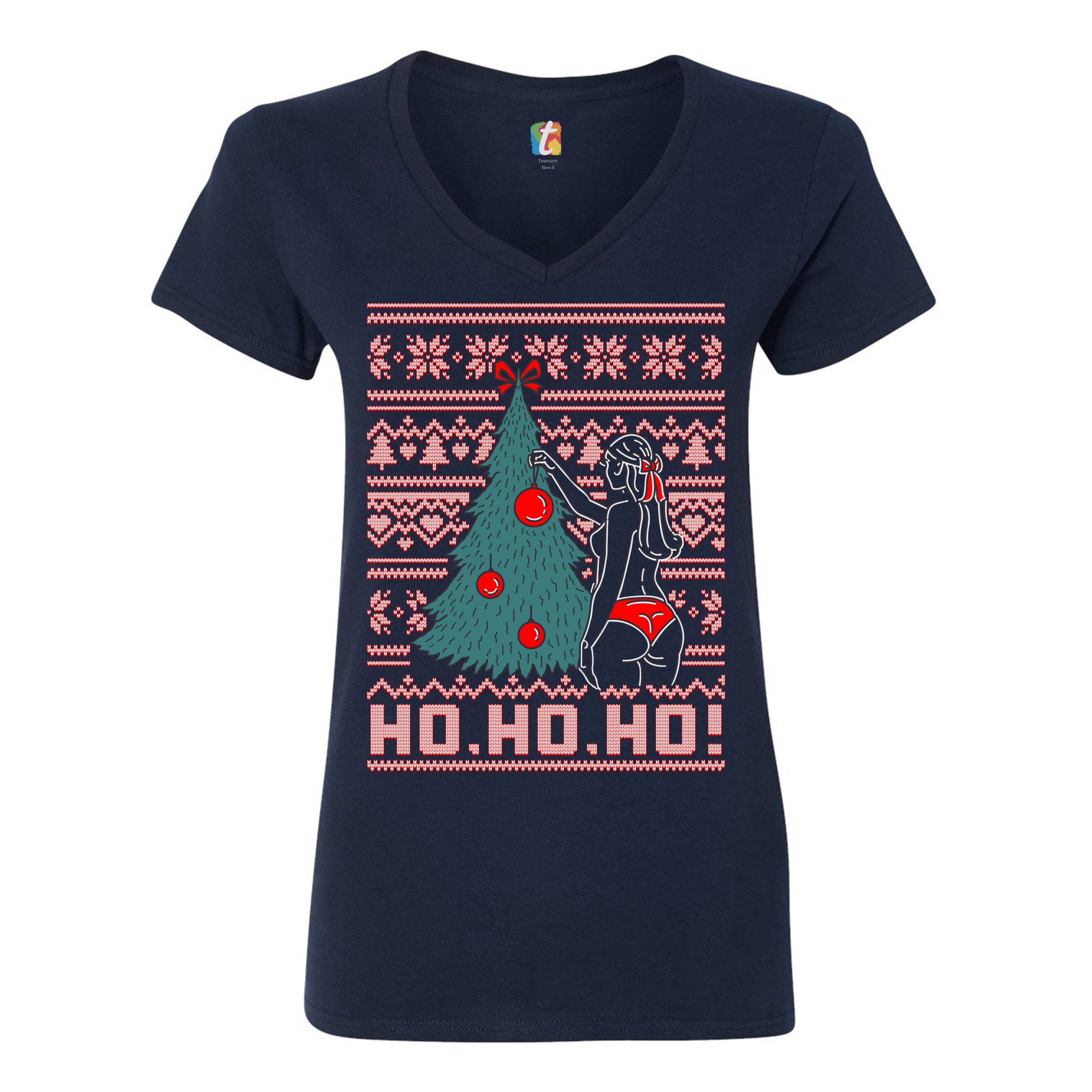 Ho ho ho! Women's V-Neck T-shirt Ugly Sweater Christmas Tree Naughty ...