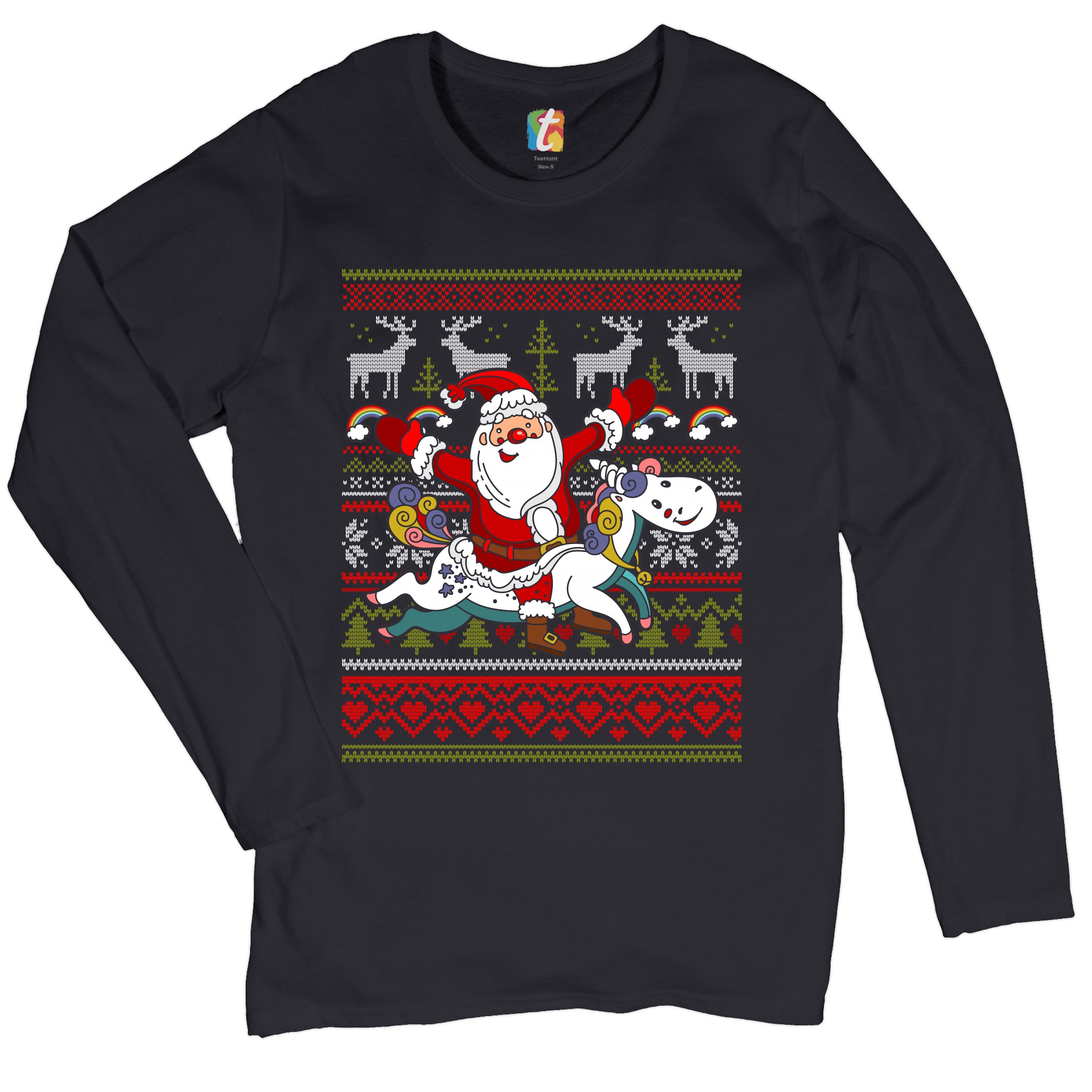 Santa Claus Riding a Unicorn Women's Long Sleeve T-shirt Christmas Ugly Sweater - Picture 2 of 29