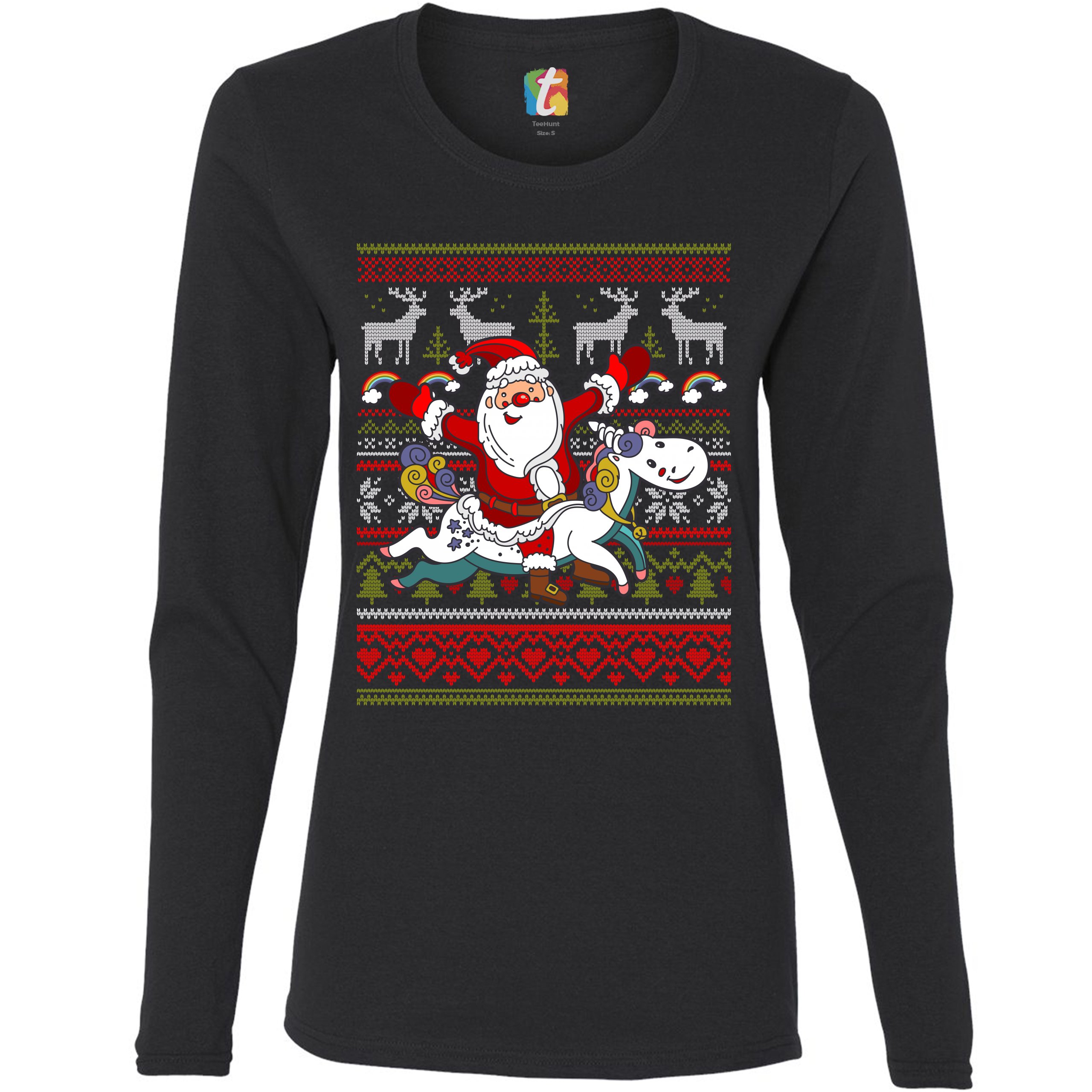 Santa Claus Riding a Unicorn Women's Long Sleeve T-shirt Christmas Ugly Sweater - Picture 3 of 29
