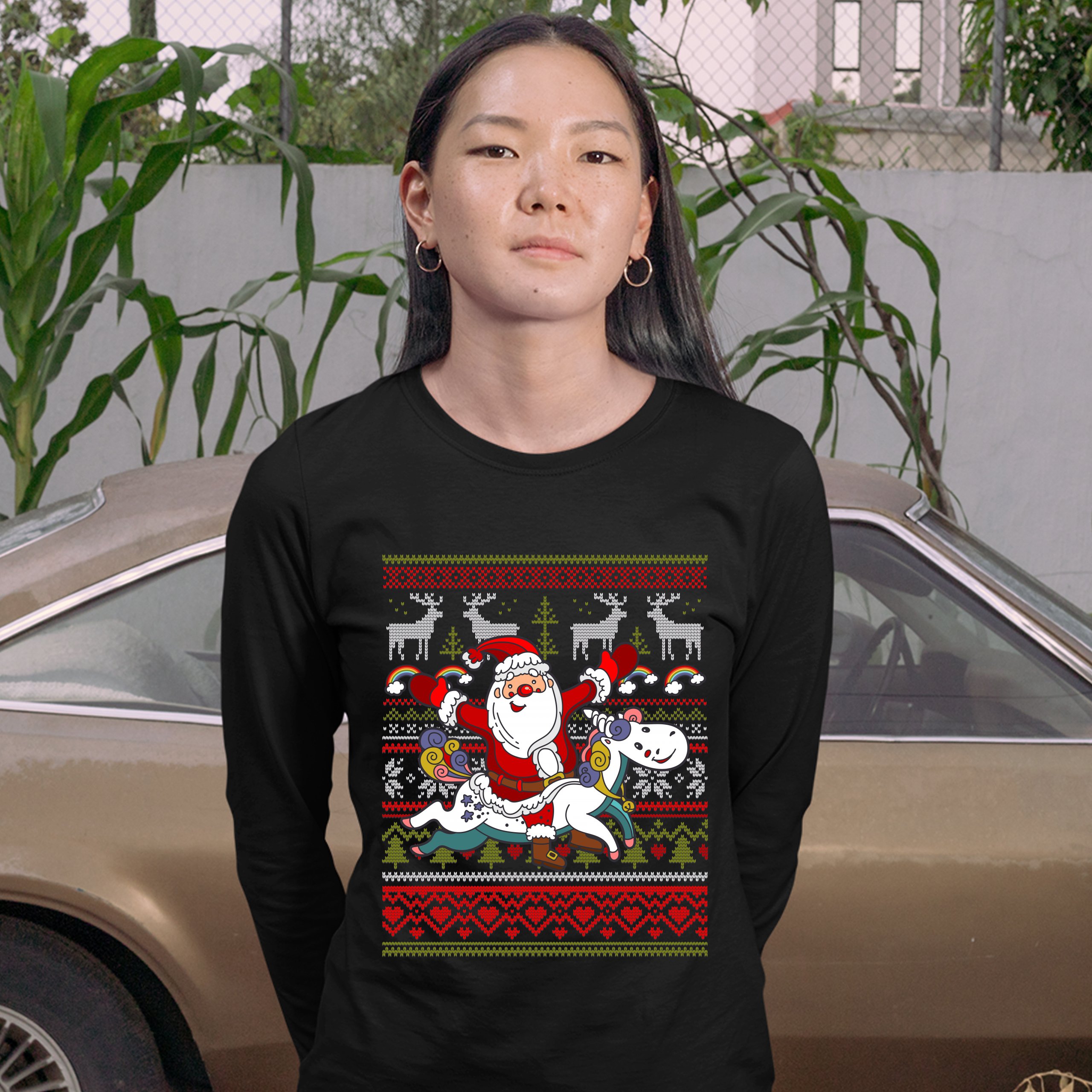 Santa Claus Riding a Unicorn Women's Long Sleeve T-shirt Christmas Ugly Sweater - Picture 5 of 29