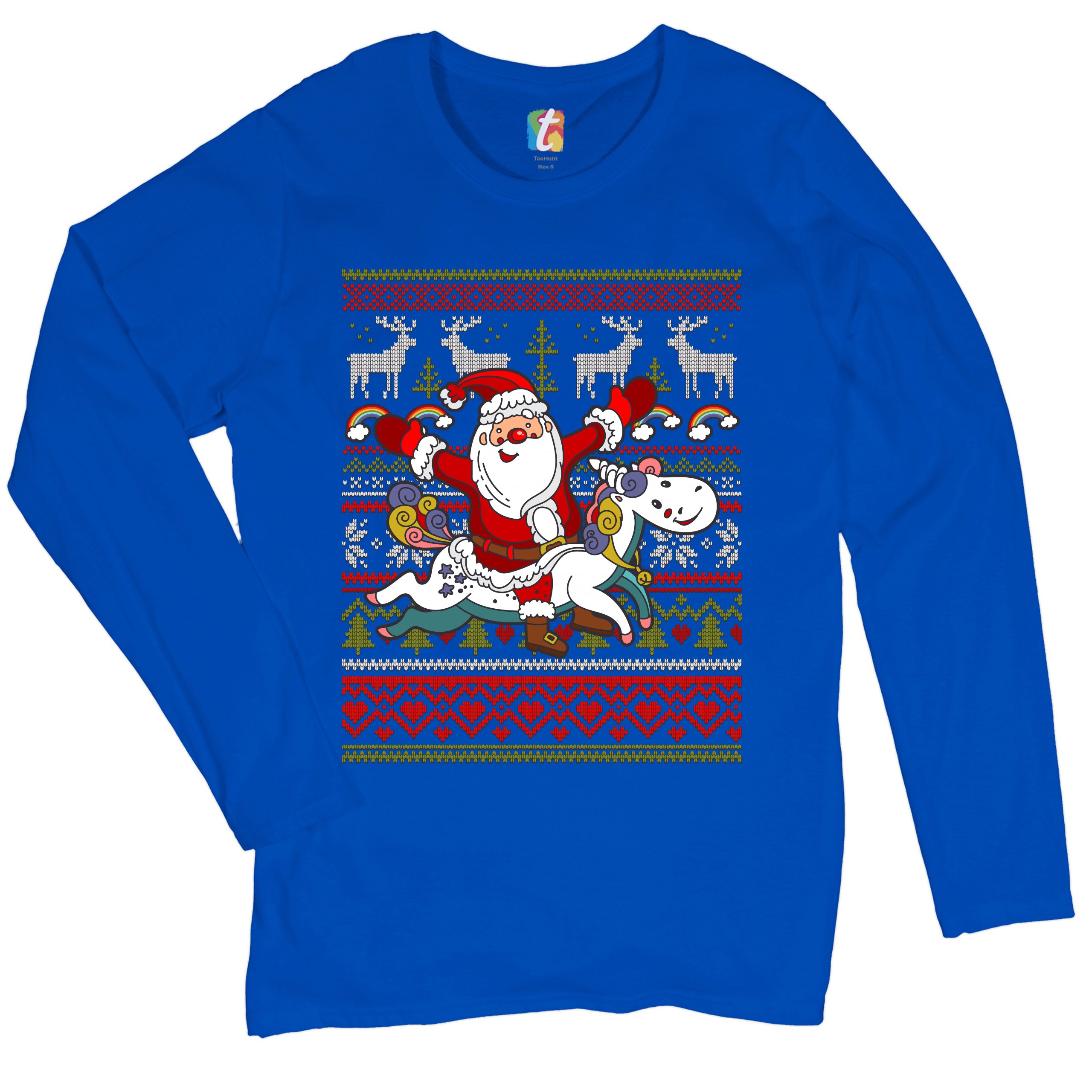 Santa Claus Riding a Unicorn Women's Long Sleeve T-shirt Christmas Ugly Sweater - Picture 22 of 29