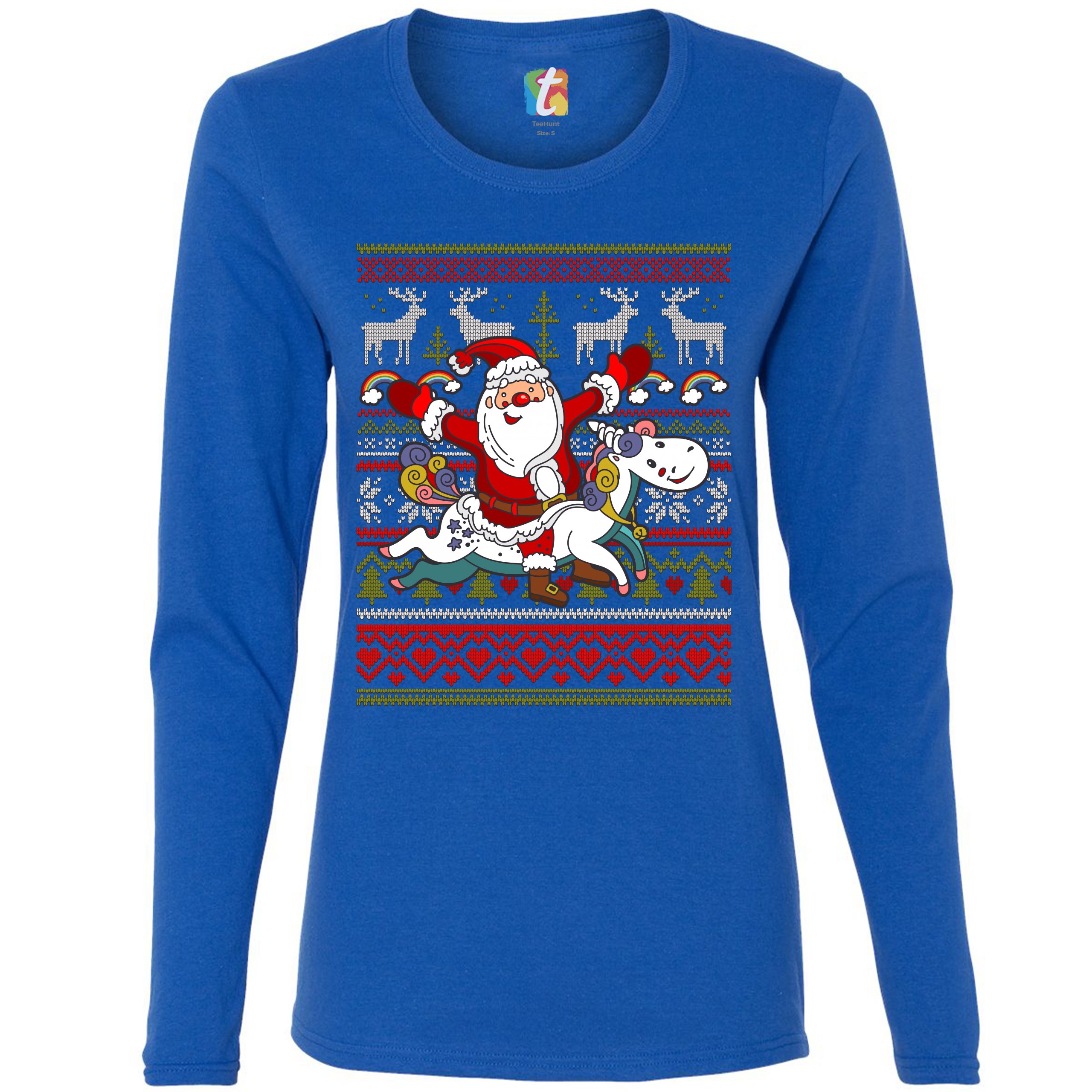 Santa Claus Riding a Unicorn Women's Long Sleeve T-shirt Christmas Ugly Sweater - Picture 23 of 29
