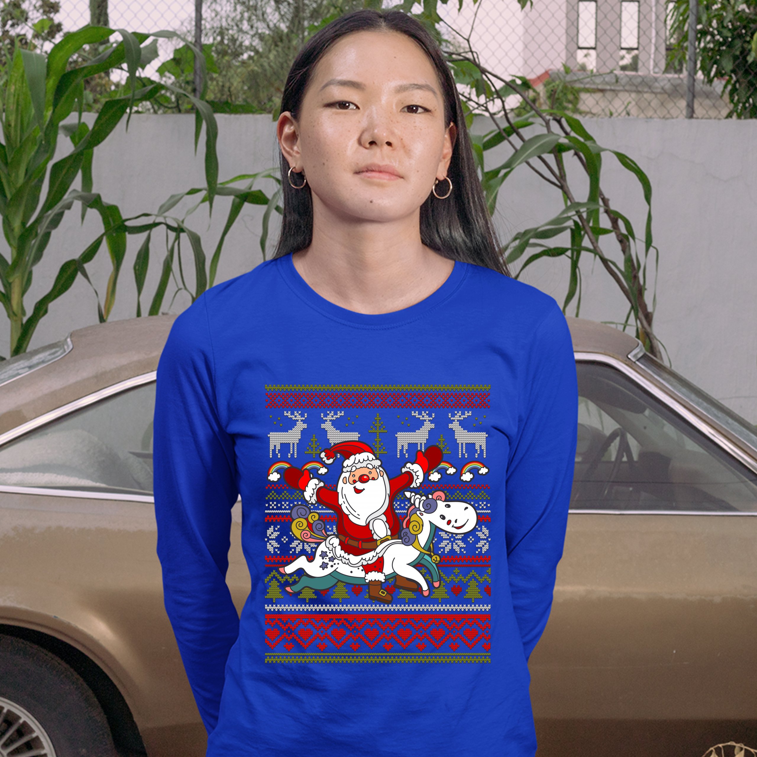 Santa Claus Riding a Unicorn Women's Long Sleeve T-shirt Christmas Ugly Sweater - Picture 25 of 29