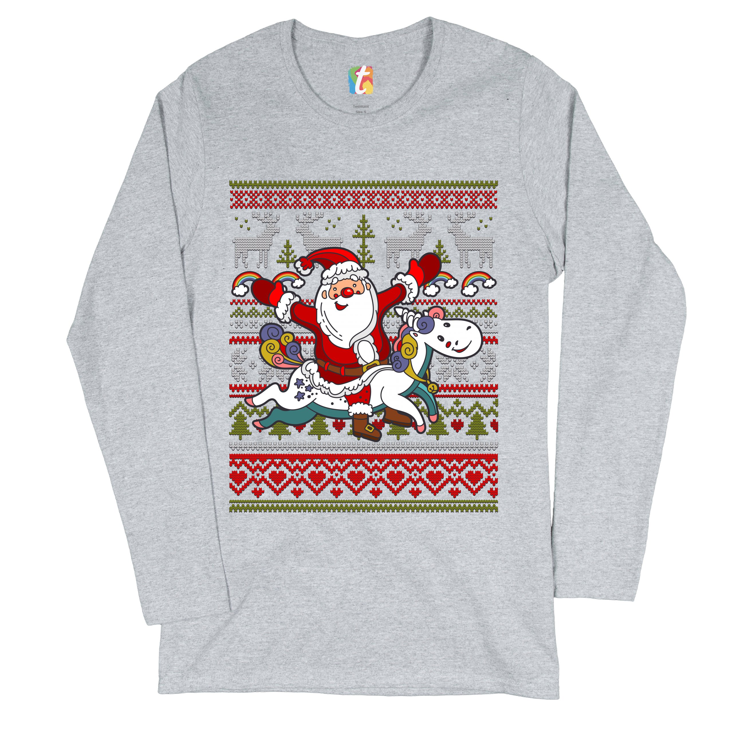 Santa Claus Riding a Unicorn Women's Long Sleeve T-shirt Christmas Ugly Sweater - Picture 6 of 29