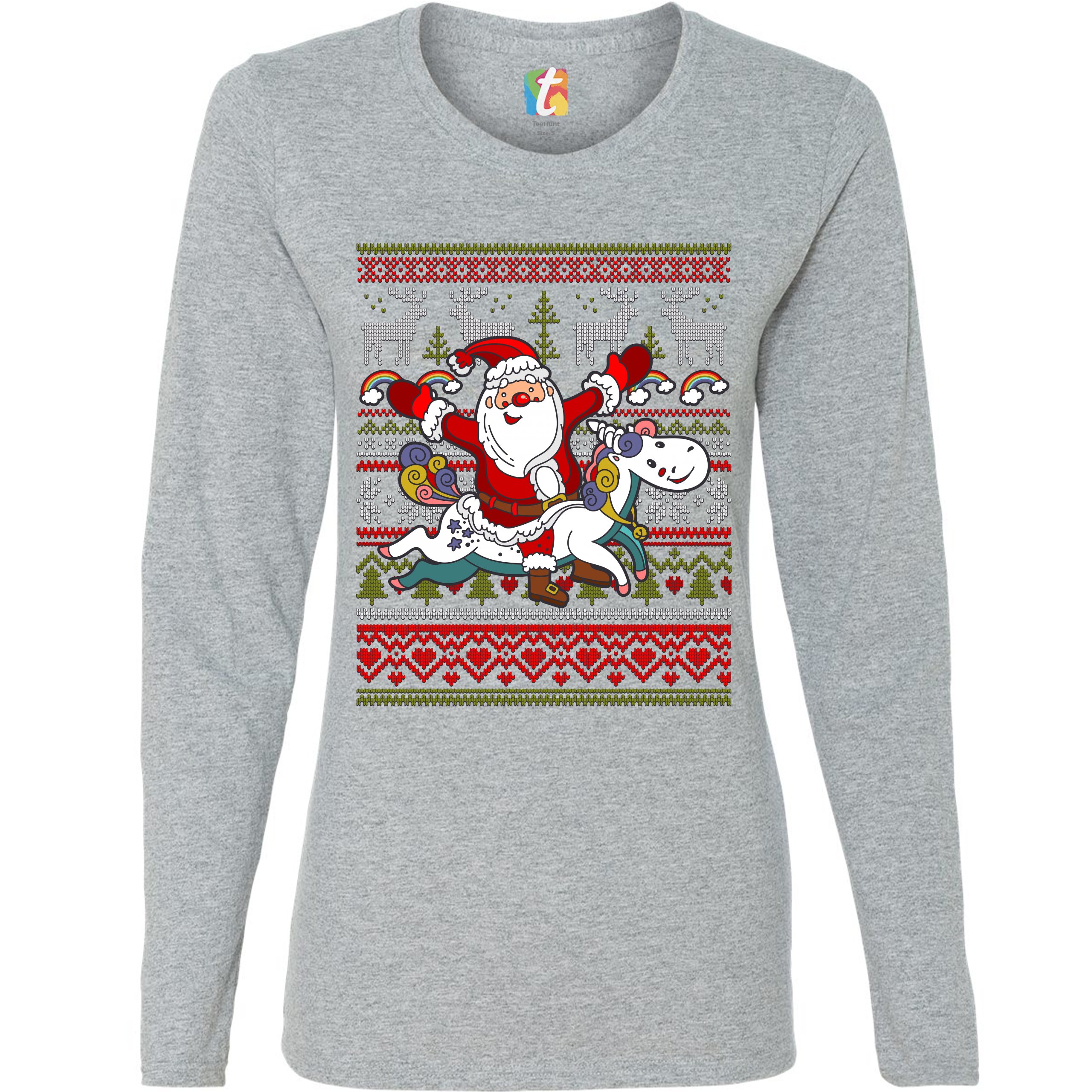 Santa Claus Riding a Unicorn Women's Long Sleeve T-shirt Christmas Ugly Sweater - Picture 7 of 29