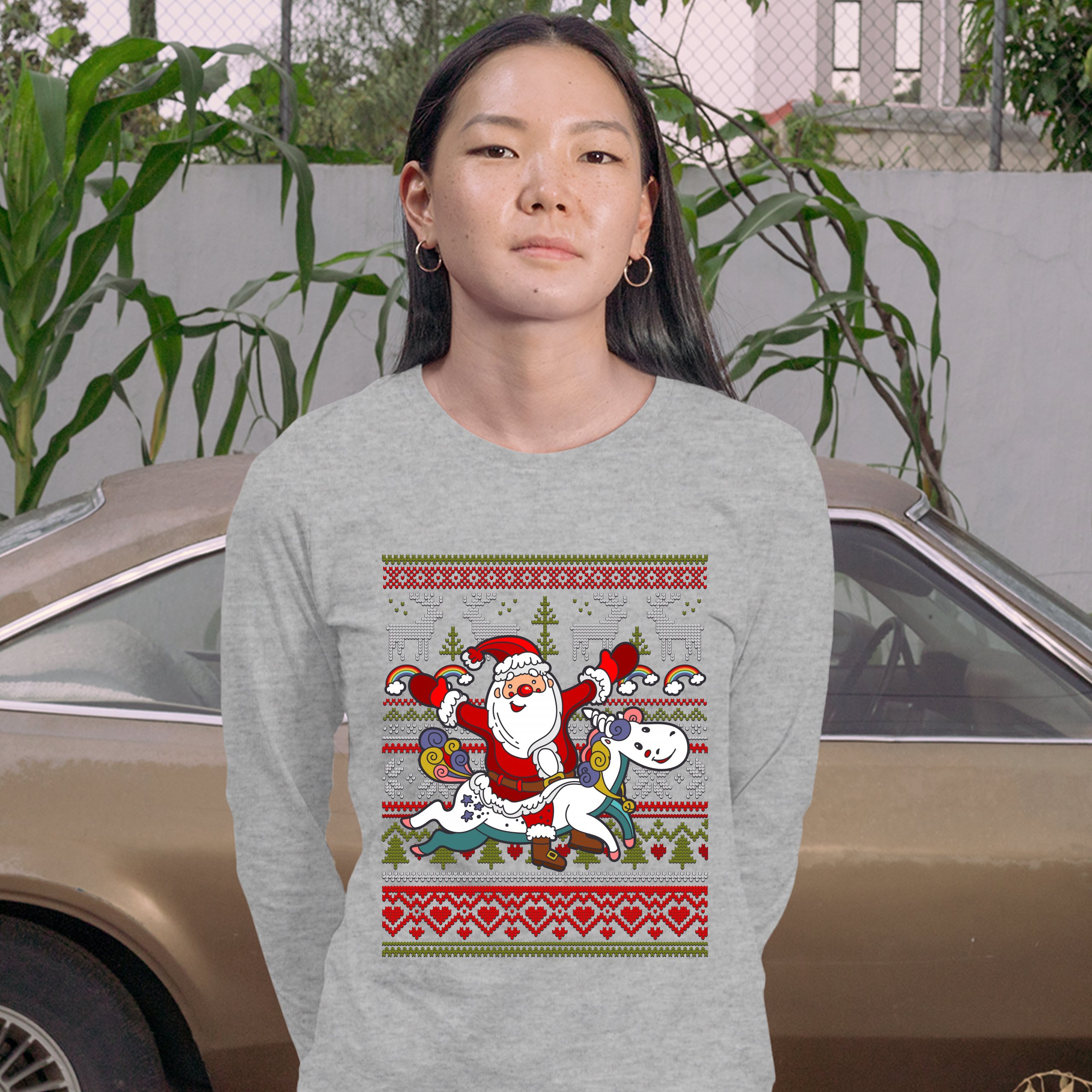 Santa Claus Riding a Unicorn Women's Long Sleeve T-shirt Christmas Ugly Sweater - Picture 9 of 29