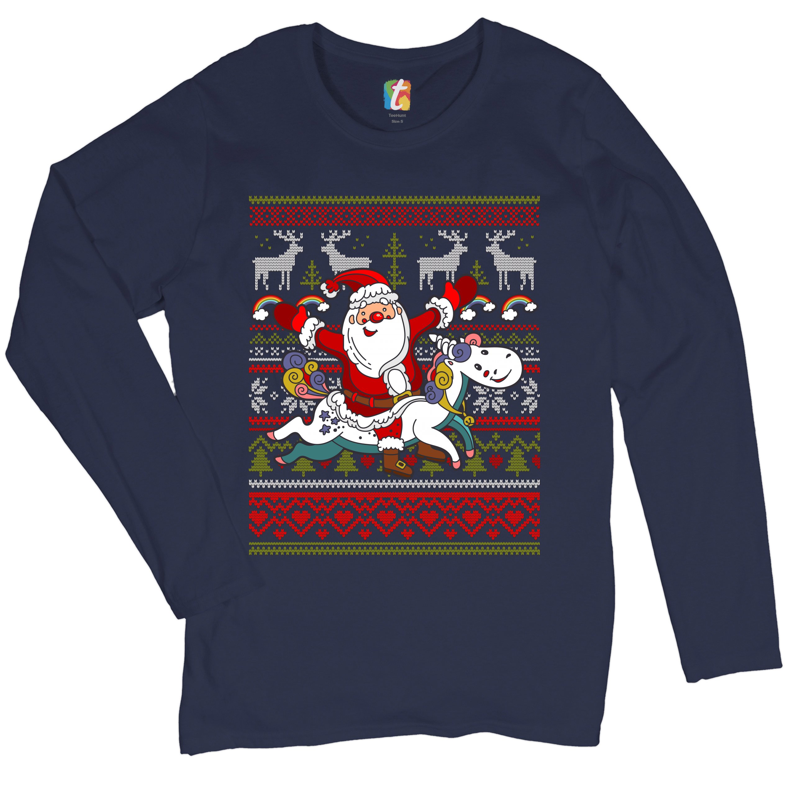 Santa Claus Riding a Unicorn Women's Long Sleeve T-shirt Christmas Ugly Sweater - Picture 18 of 29