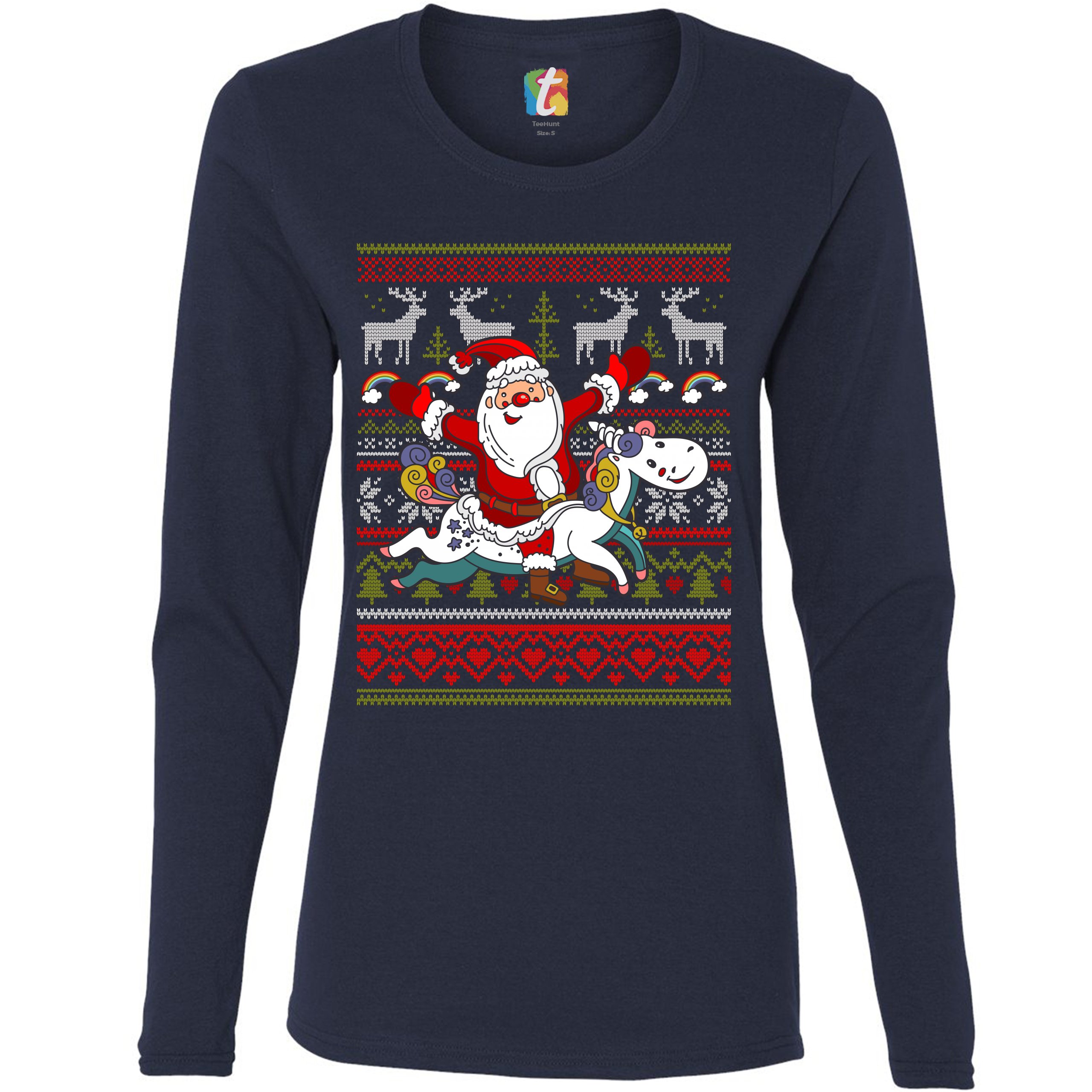 Santa Claus Riding a Unicorn Women's Long Sleeve T-shirt Christmas Ugly Sweater - Picture 19 of 29