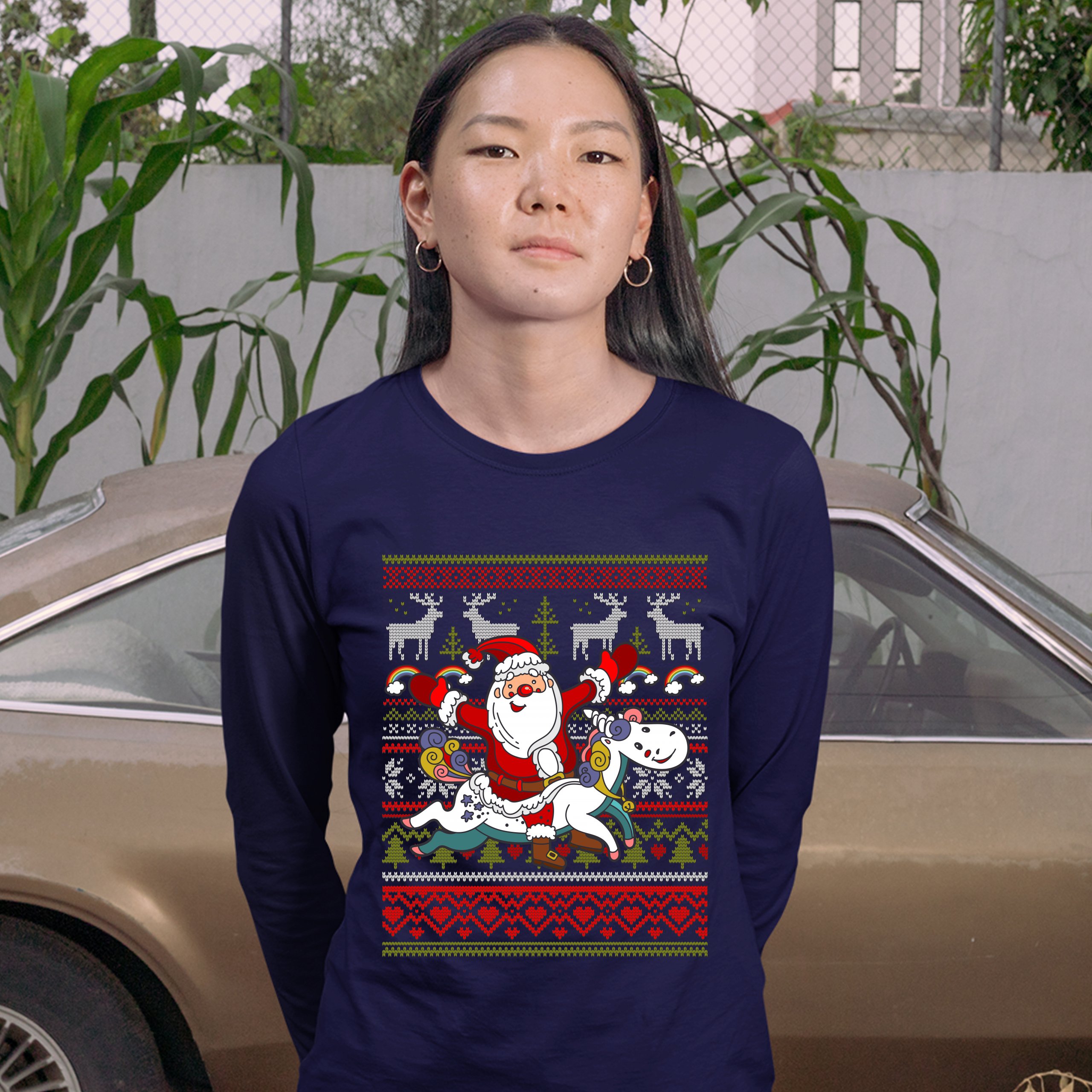 Santa Claus Riding a Unicorn Women's Long Sleeve T-shirt Christmas Ugly Sweater - Picture 21 of 29