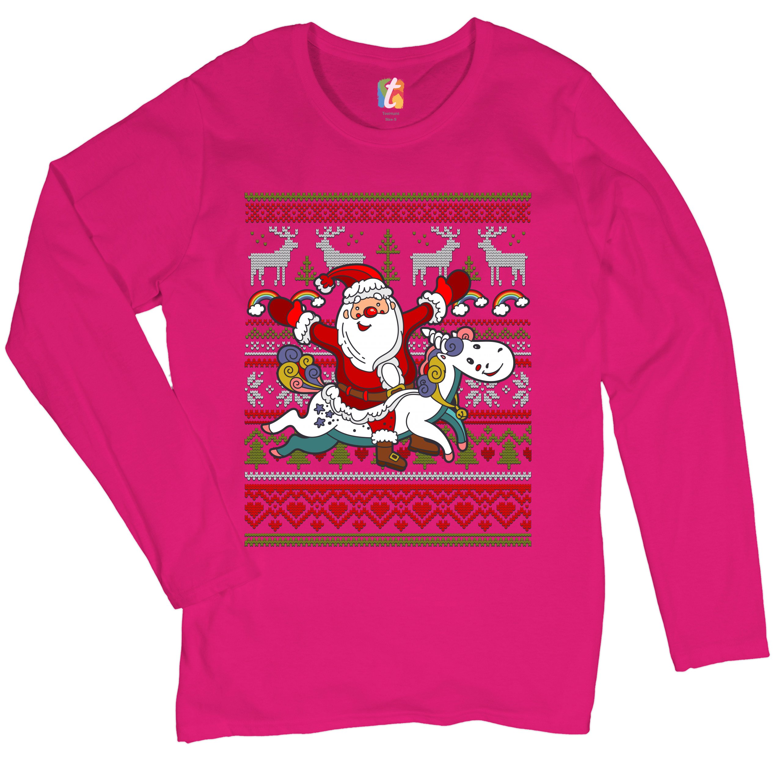 Santa Claus Riding a Unicorn Women's Long Sleeve T-shirt Christmas Ugly Sweater - Picture 26 of 29