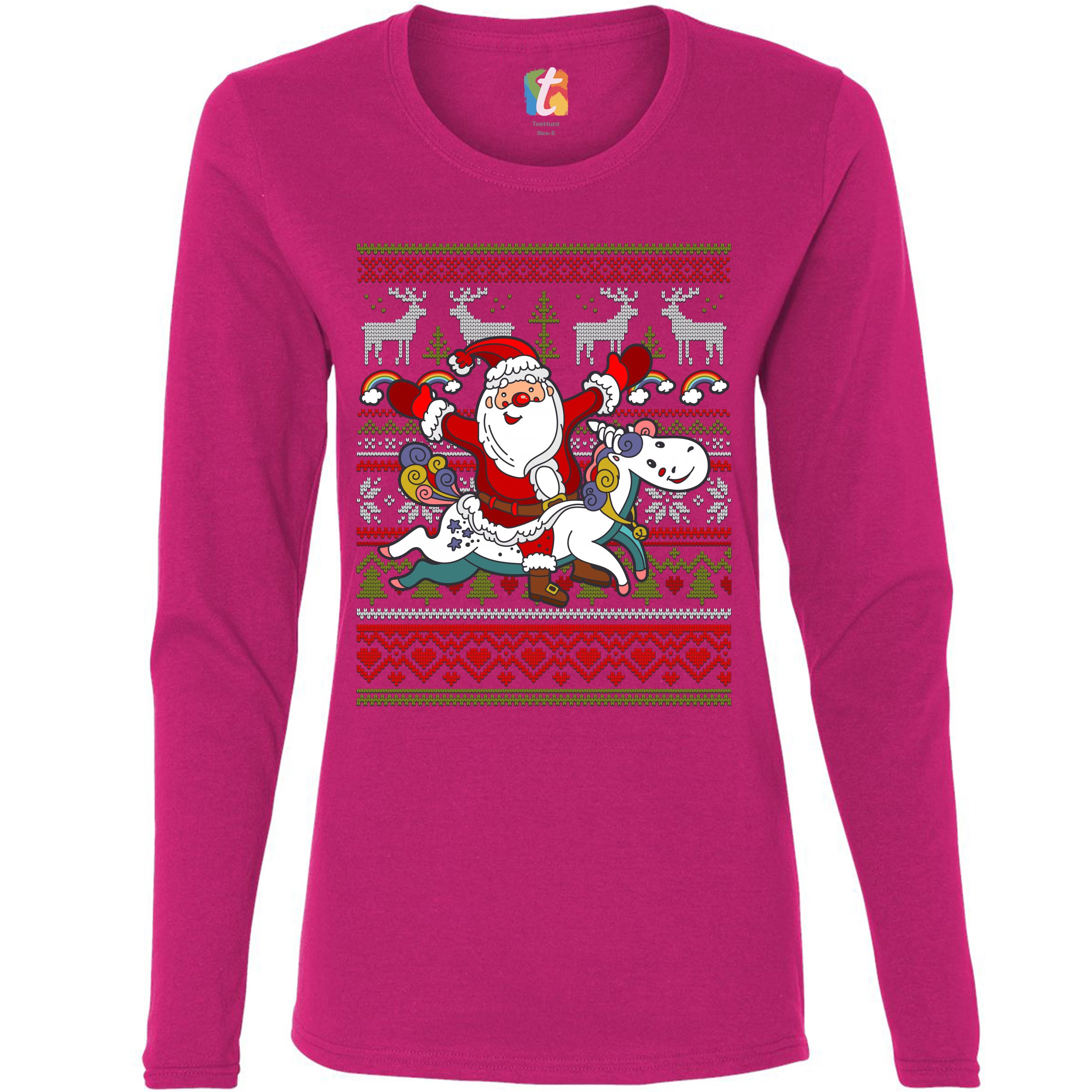 Santa Claus Riding a Unicorn Women's Long Sleeve T-shirt Christmas Ugly Sweater - Picture 27 of 29