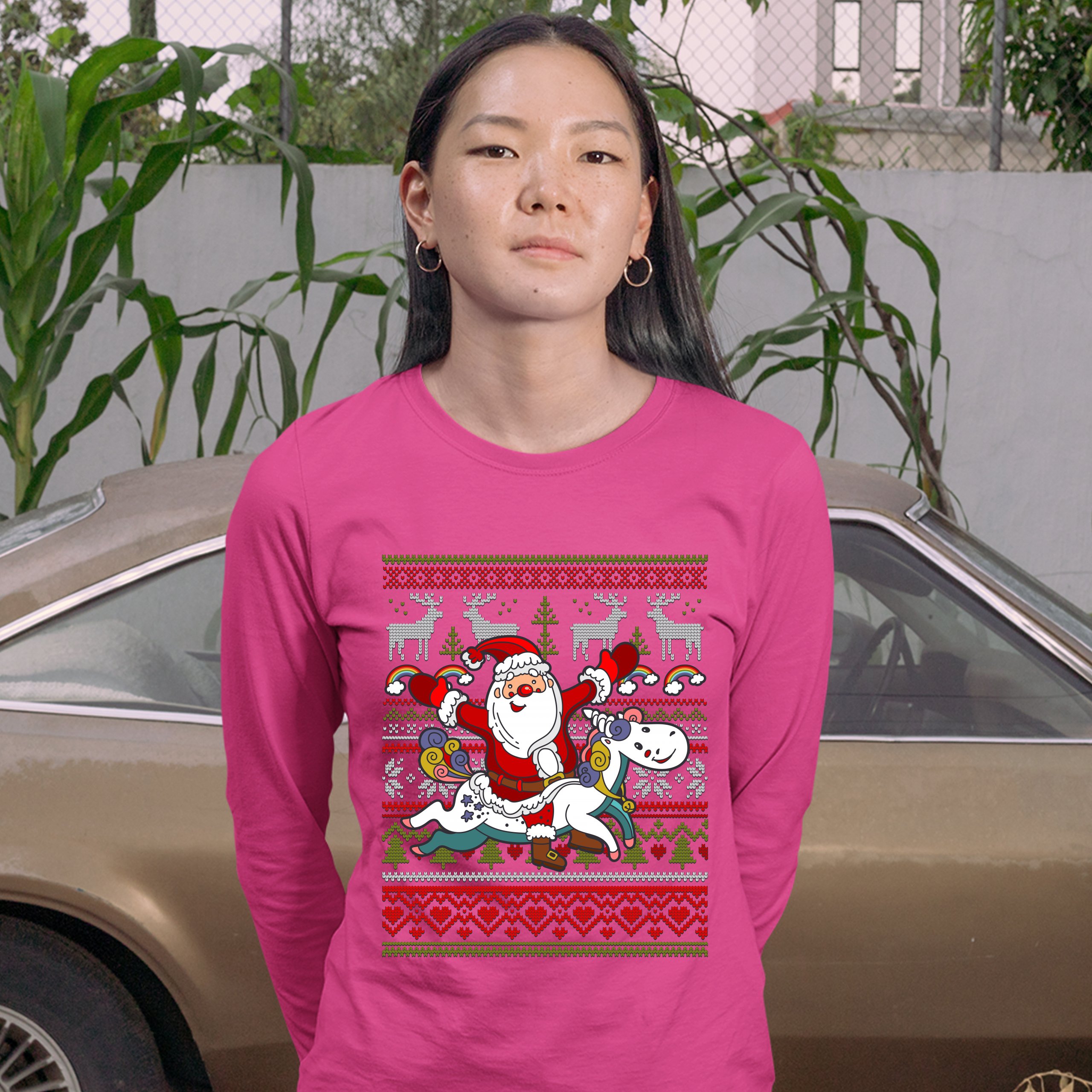 Santa Claus Riding a Unicorn Women's Long Sleeve T-shirt Christmas Ugly Sweater - Picture 29 of 29