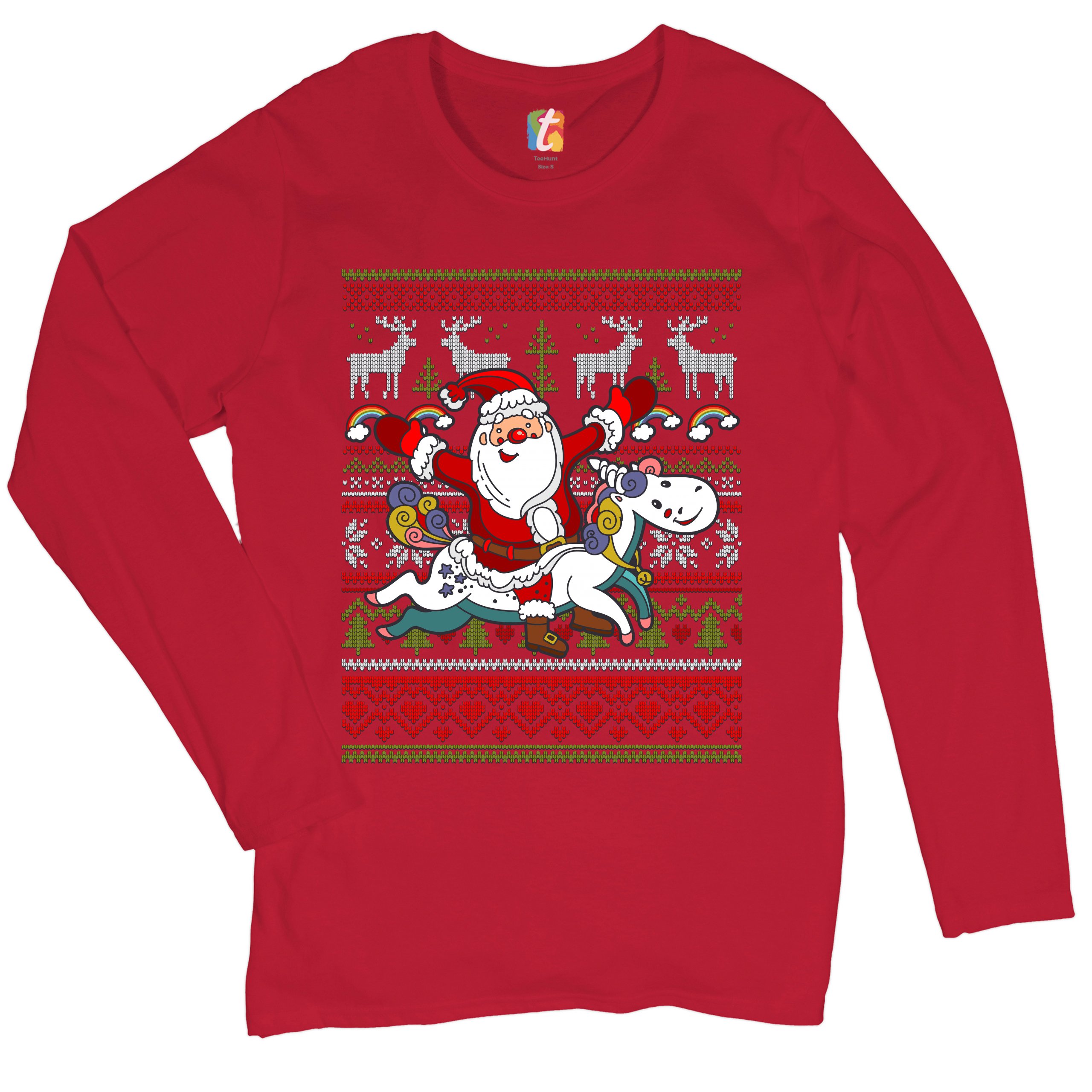 Santa Claus Riding a Unicorn Women's Long Sleeve T-shirt Christmas Ugly Sweater - Picture 10 of 29