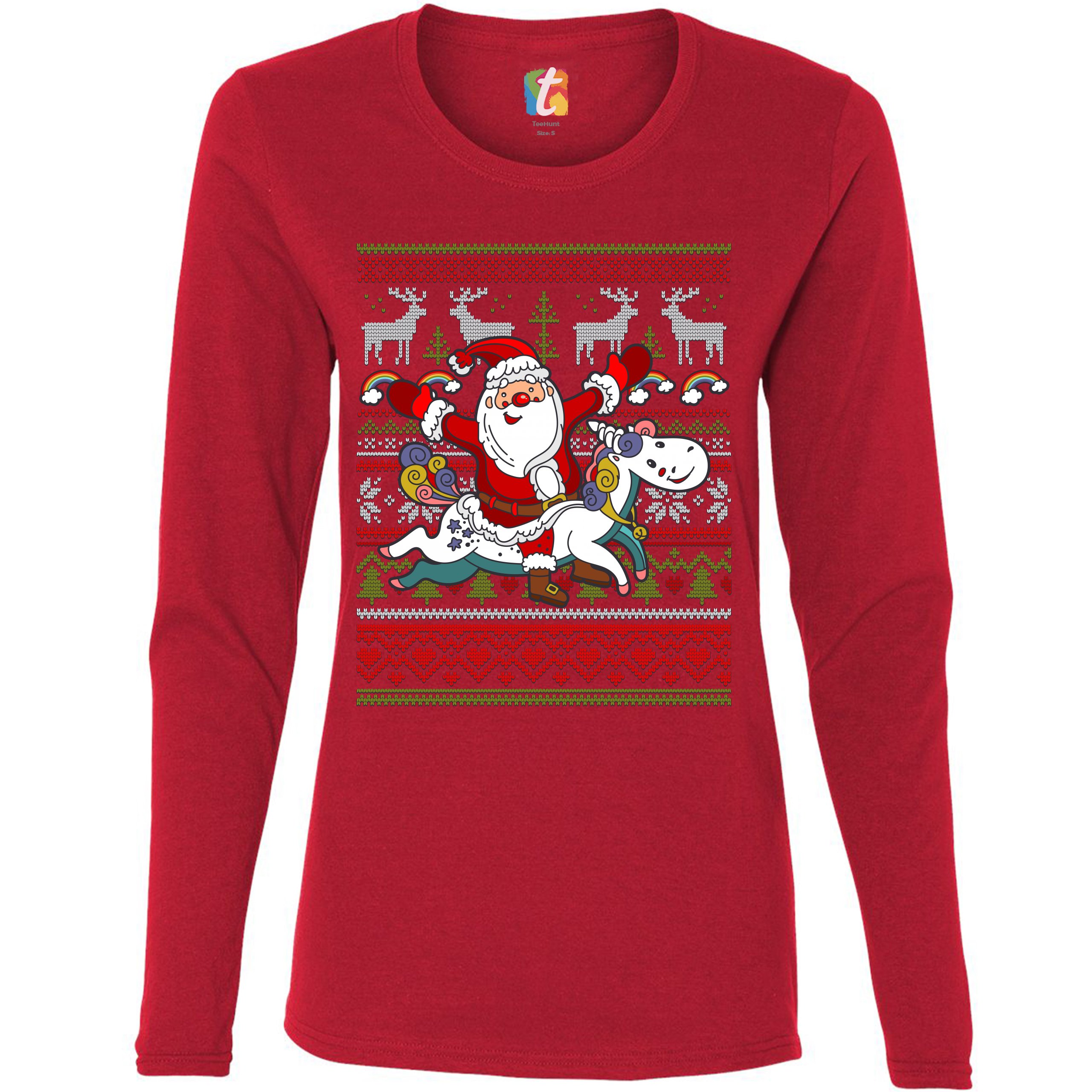 Santa Claus Riding a Unicorn Women's Long Sleeve T-shirt Christmas Ugly Sweater - Picture 11 of 29