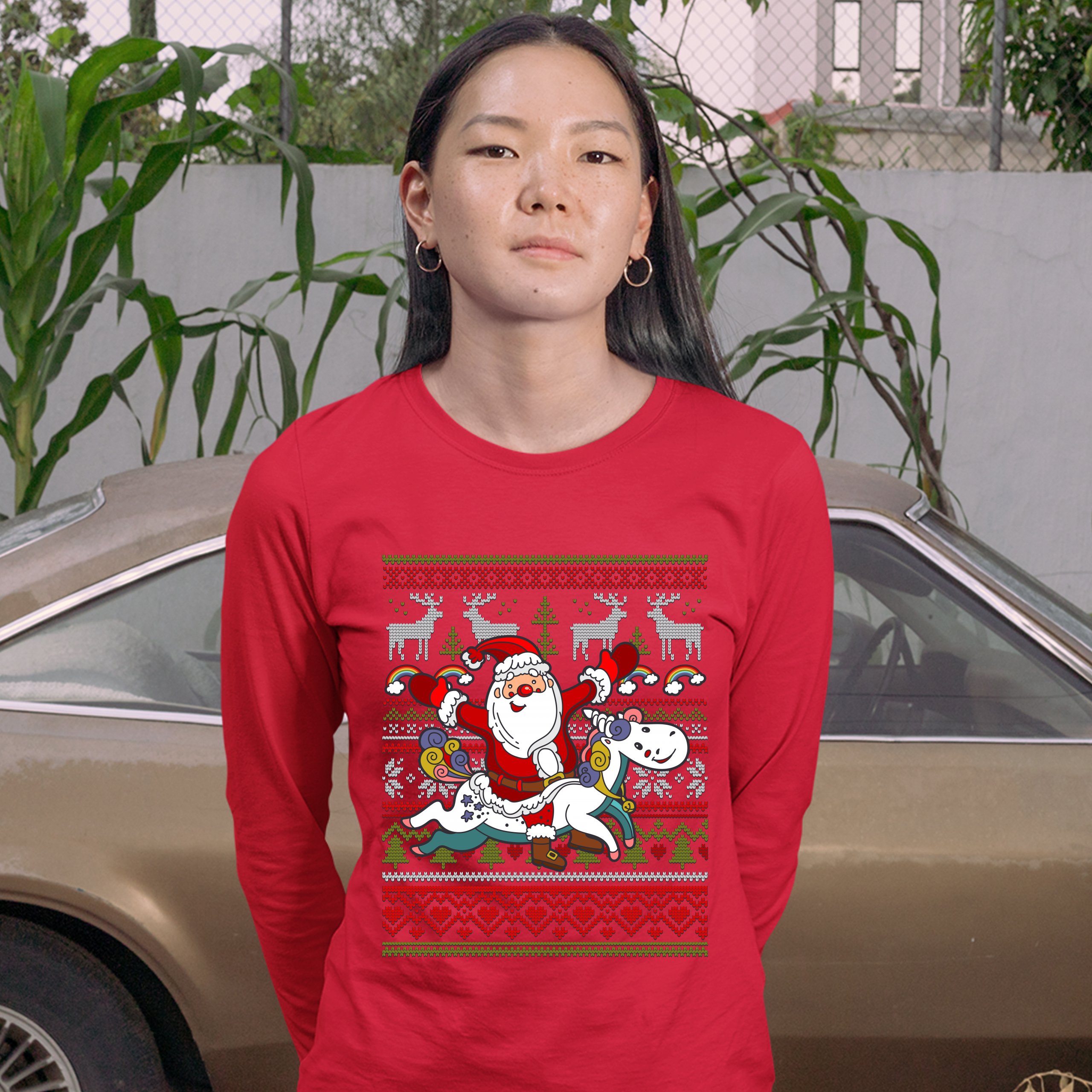 Santa Claus Riding a Unicorn Women's Long Sleeve T-shirt Christmas Ugly Sweater - Picture 13 of 29