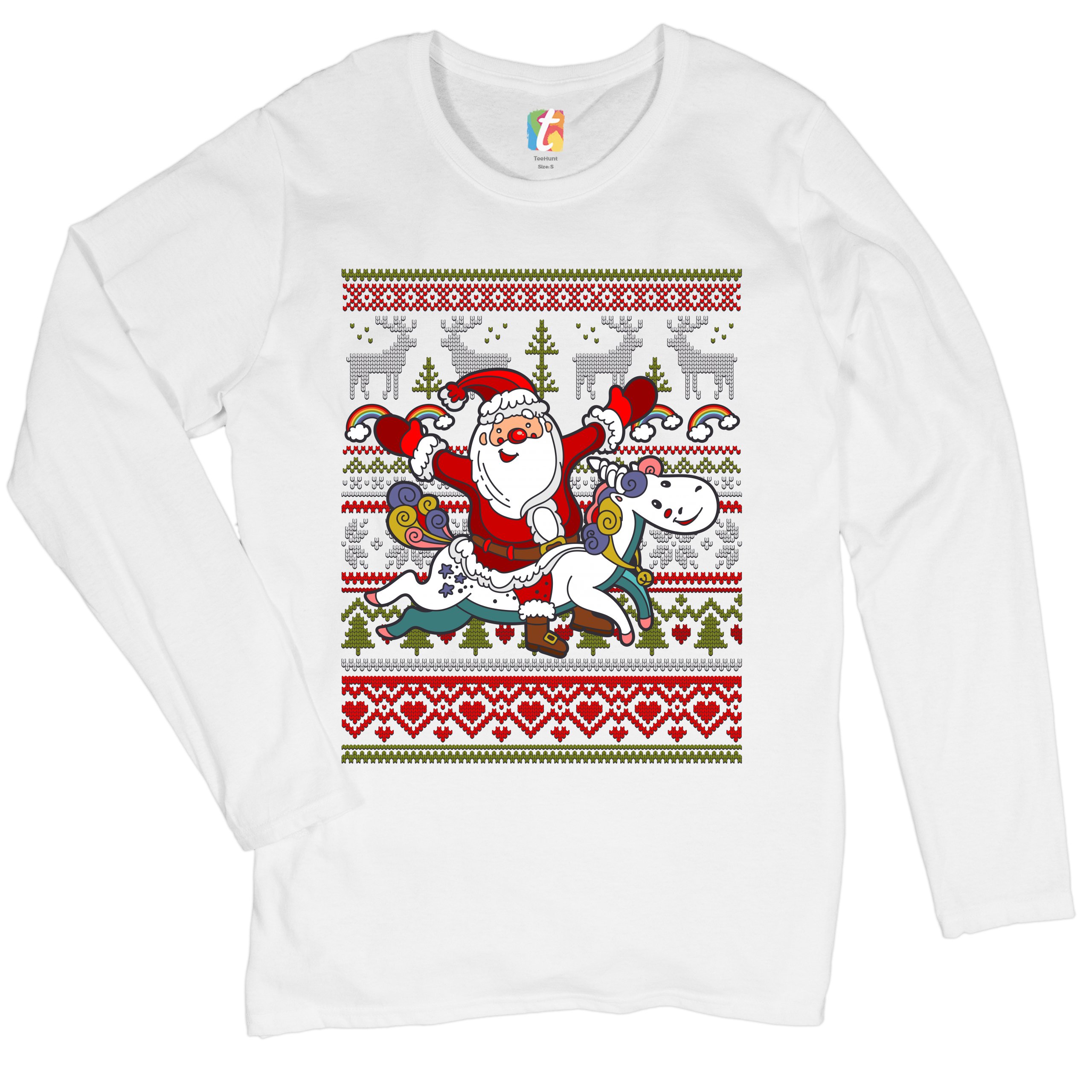 Santa Claus Riding a Unicorn Women's Long Sleeve T-shirt Christmas Ugly Sweater - Picture 14 of 29