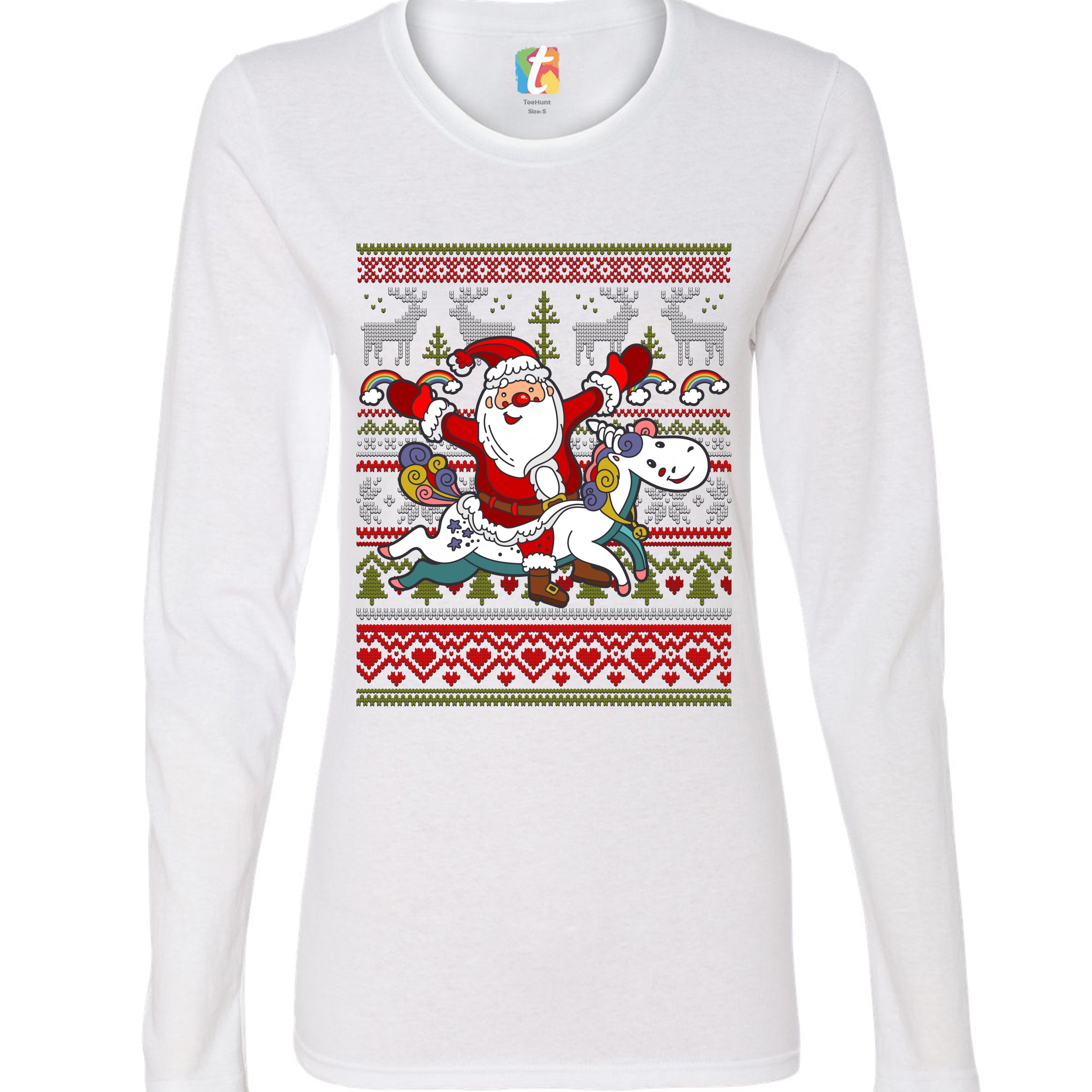 Santa Claus Riding a Unicorn Women's Long Sleeve T-shirt Christmas Ugly Sweater - Picture 15 of 29