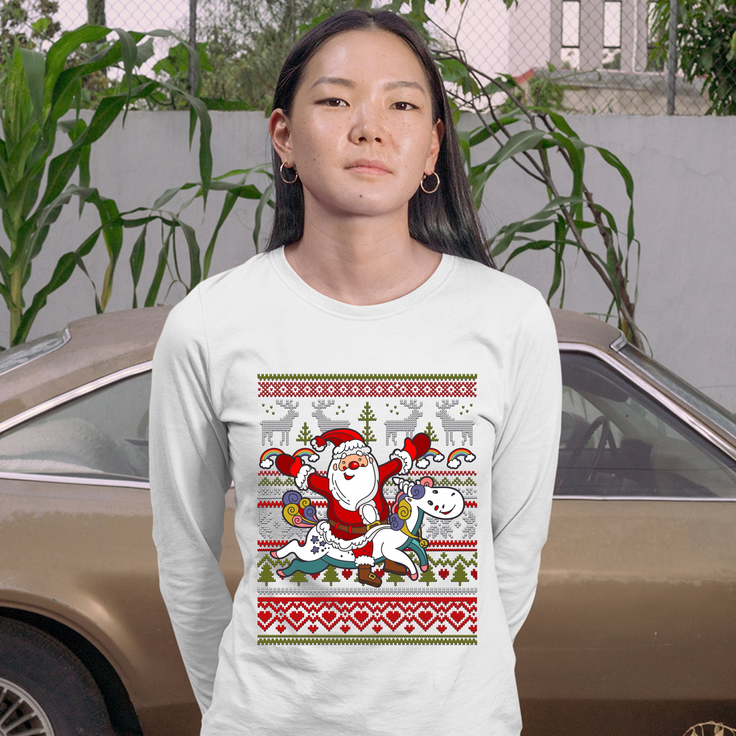 Santa Claus Riding a Unicorn Women's Long Sleeve T-shirt Christmas Ugly Sweater - Picture 17 of 29