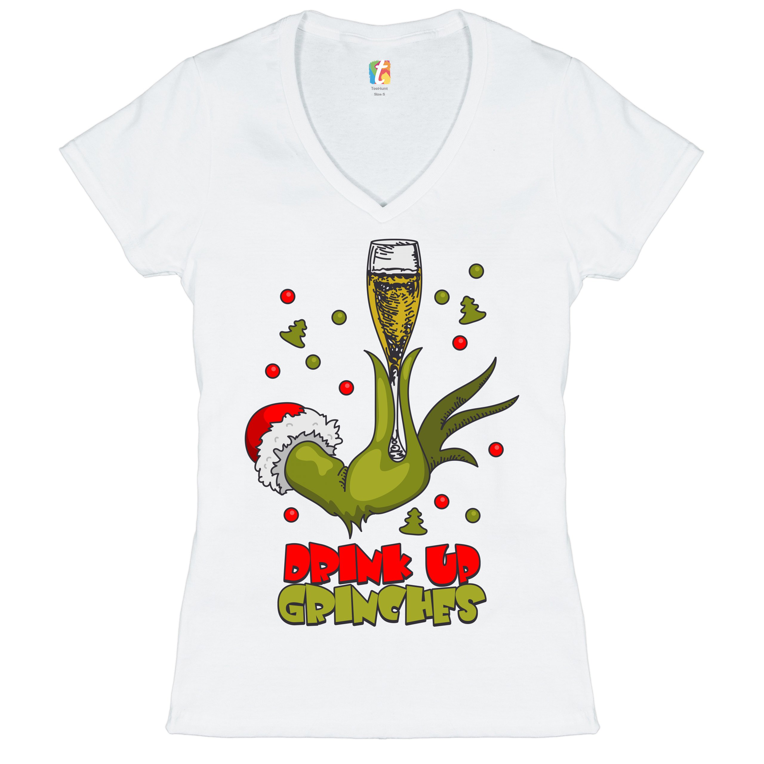 Drink Up Grinches Women's V-Neck T-shirt Funny Christmas Drinking Tee