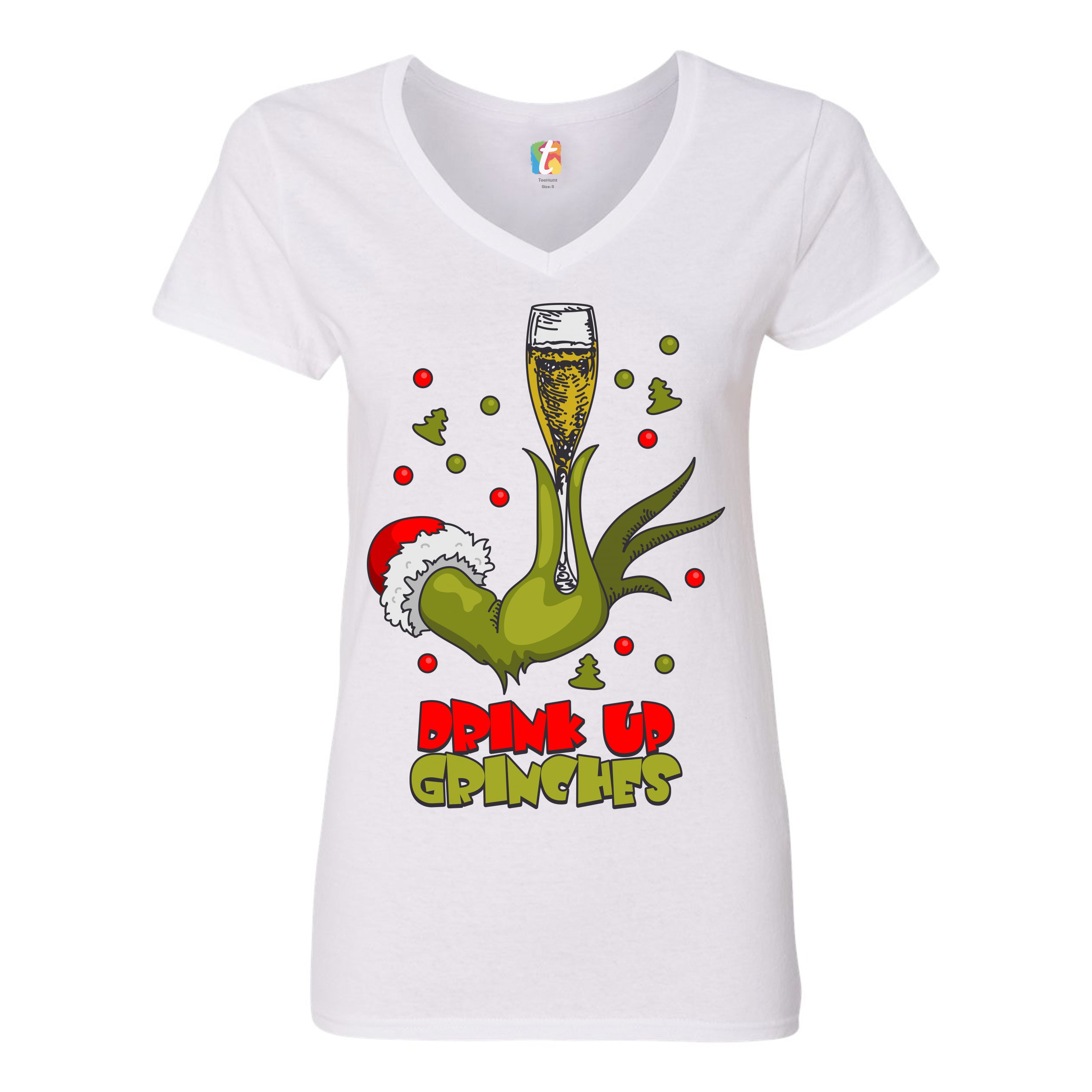 Drink Up Grinches Women's V-Neck T-shirt Funny Christmas Drinking Tee