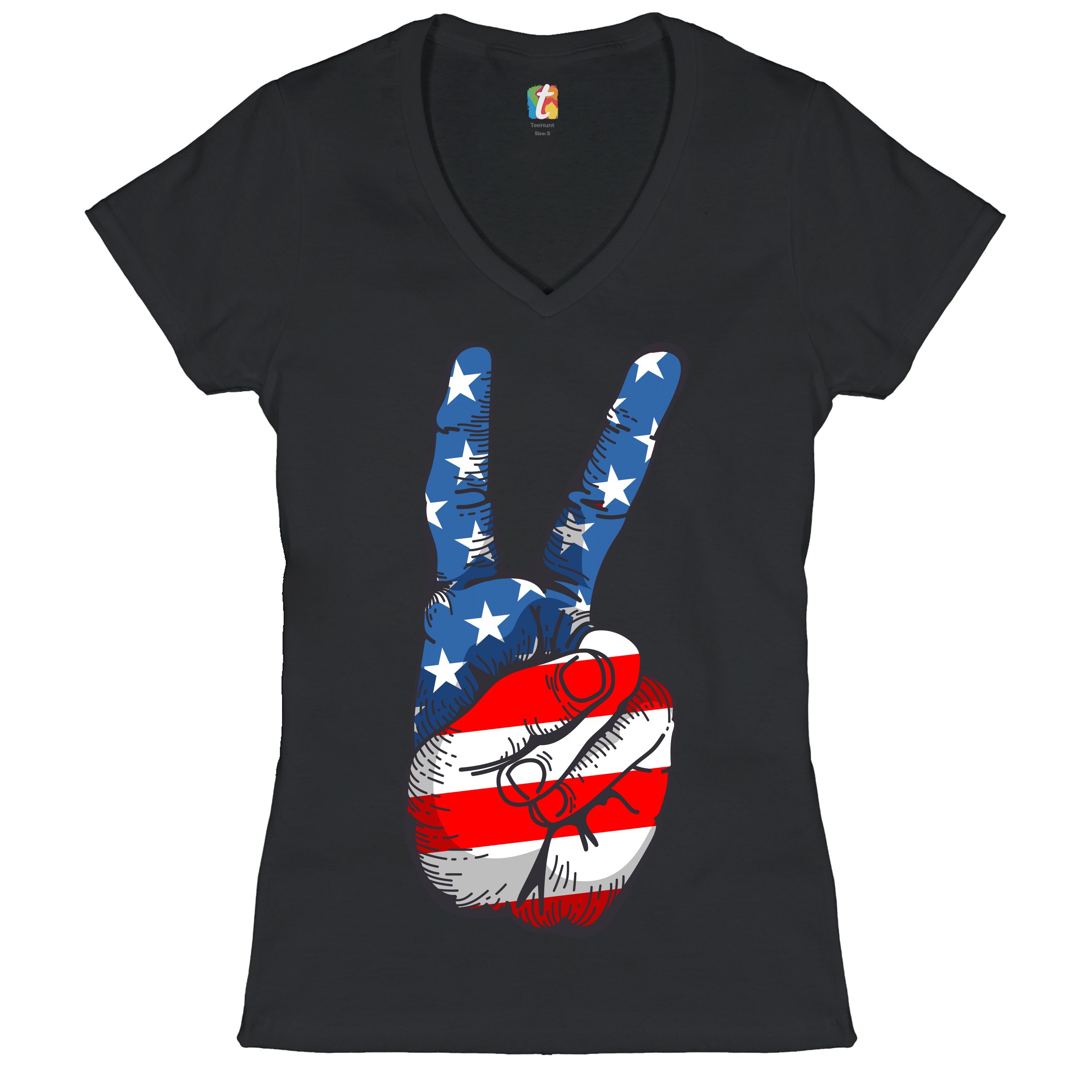 Patriotic Victory Sign Women's V-Neck T-shirt American Flag 4th of July Tee - Picture 6 of 41