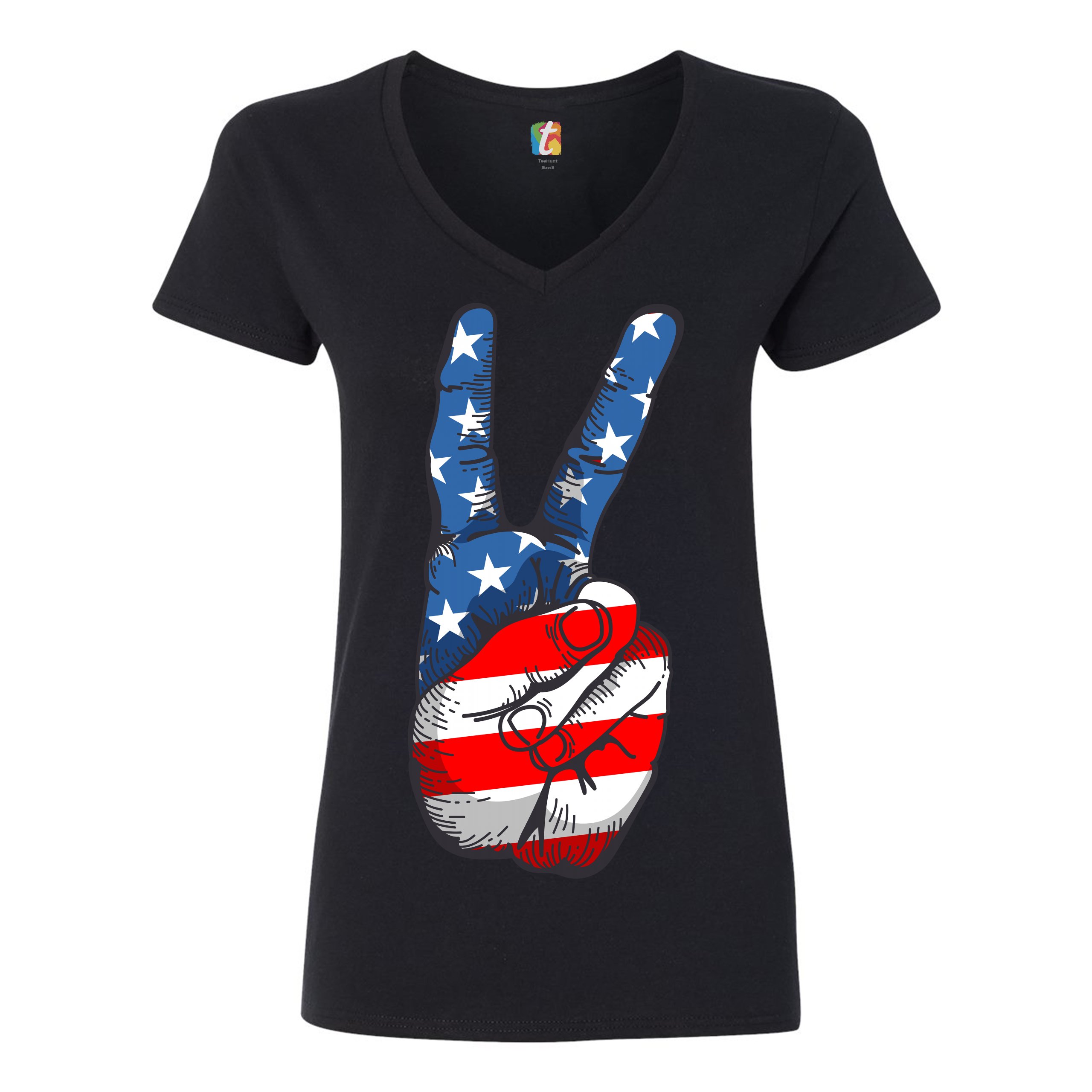 Patriotic Victory Sign Women's V-Neck T-shirt American Flag 4th of July Tee - Picture 7 of 41
