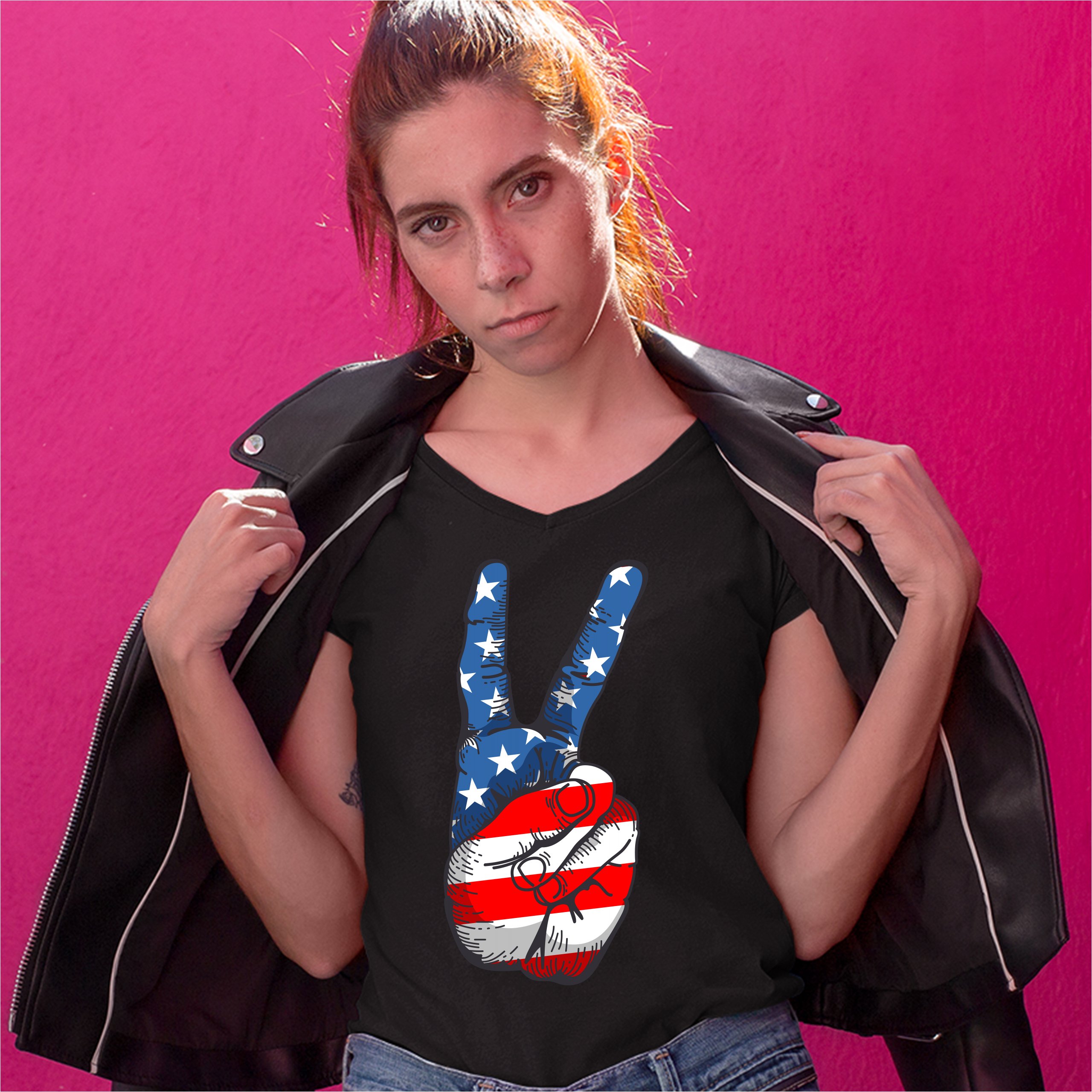 Patriotic Victory Sign Women's V-Neck T-shirt American Flag 4th of July Tee - Picture 9 of 41