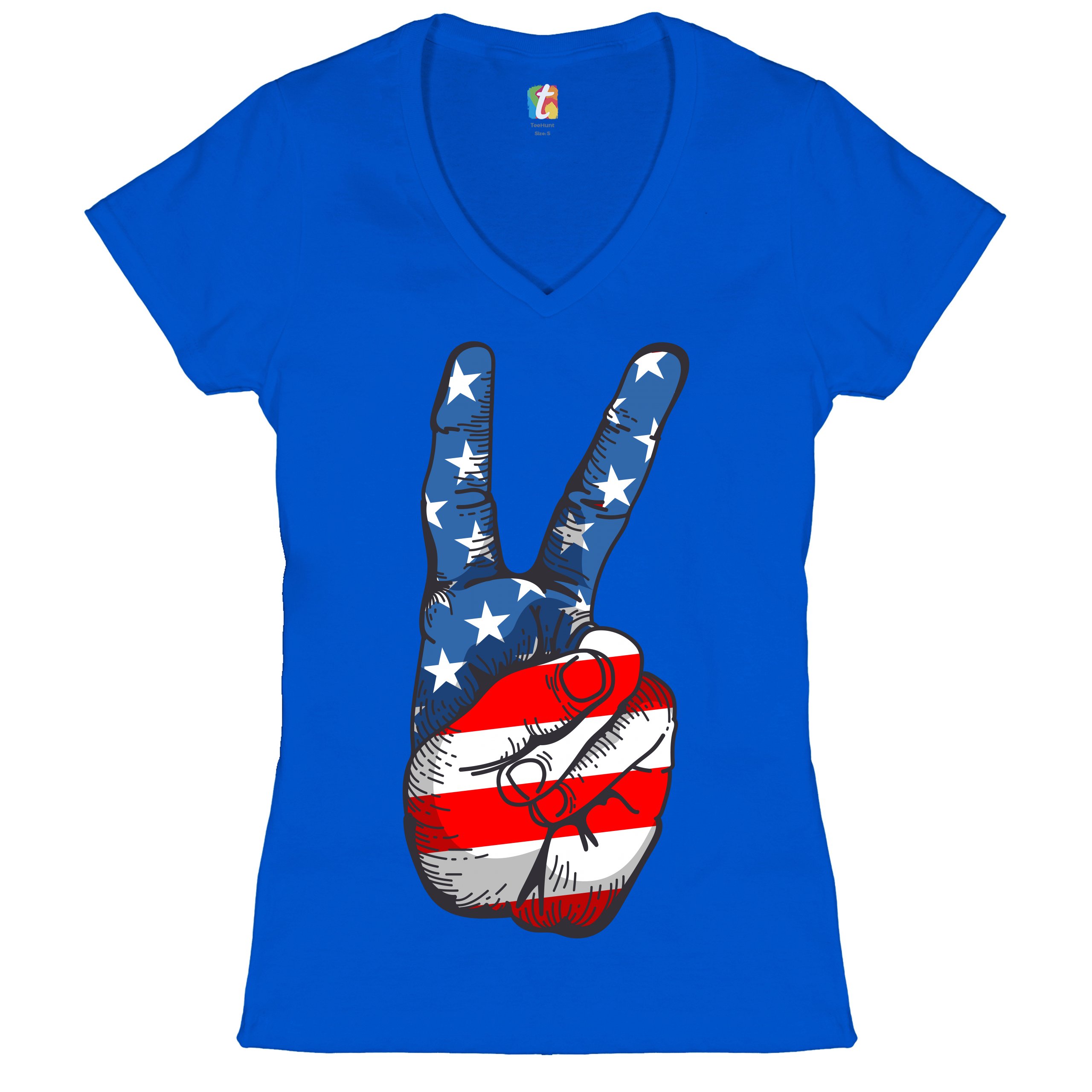 Patriotic Victory Sign Women's V-Neck T-shirt American Flag 4th of July Tee - Picture 30 of 41