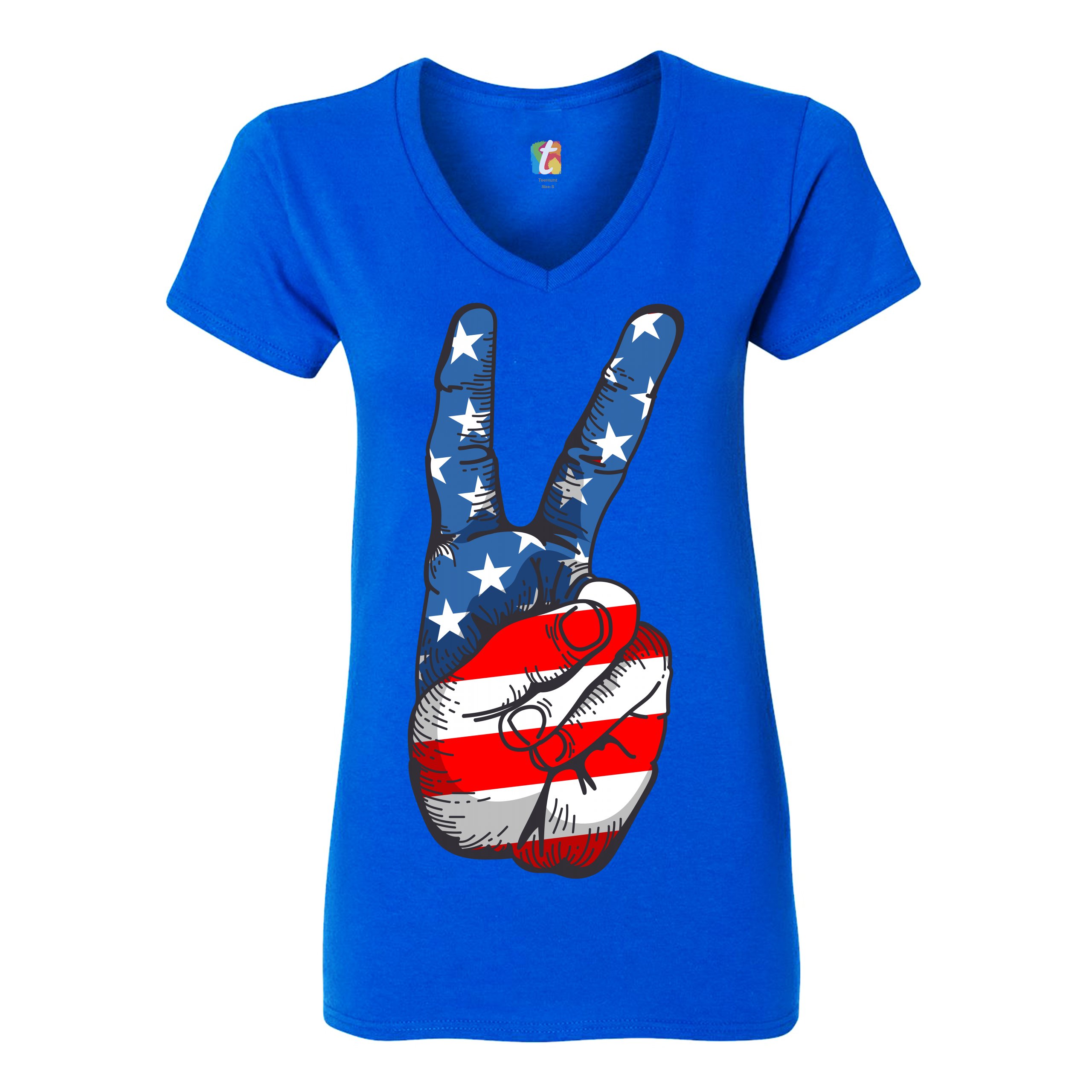 Patriotic Victory Sign Women's V-Neck T-shirt American Flag 4th of July Tee - Picture 31 of 41