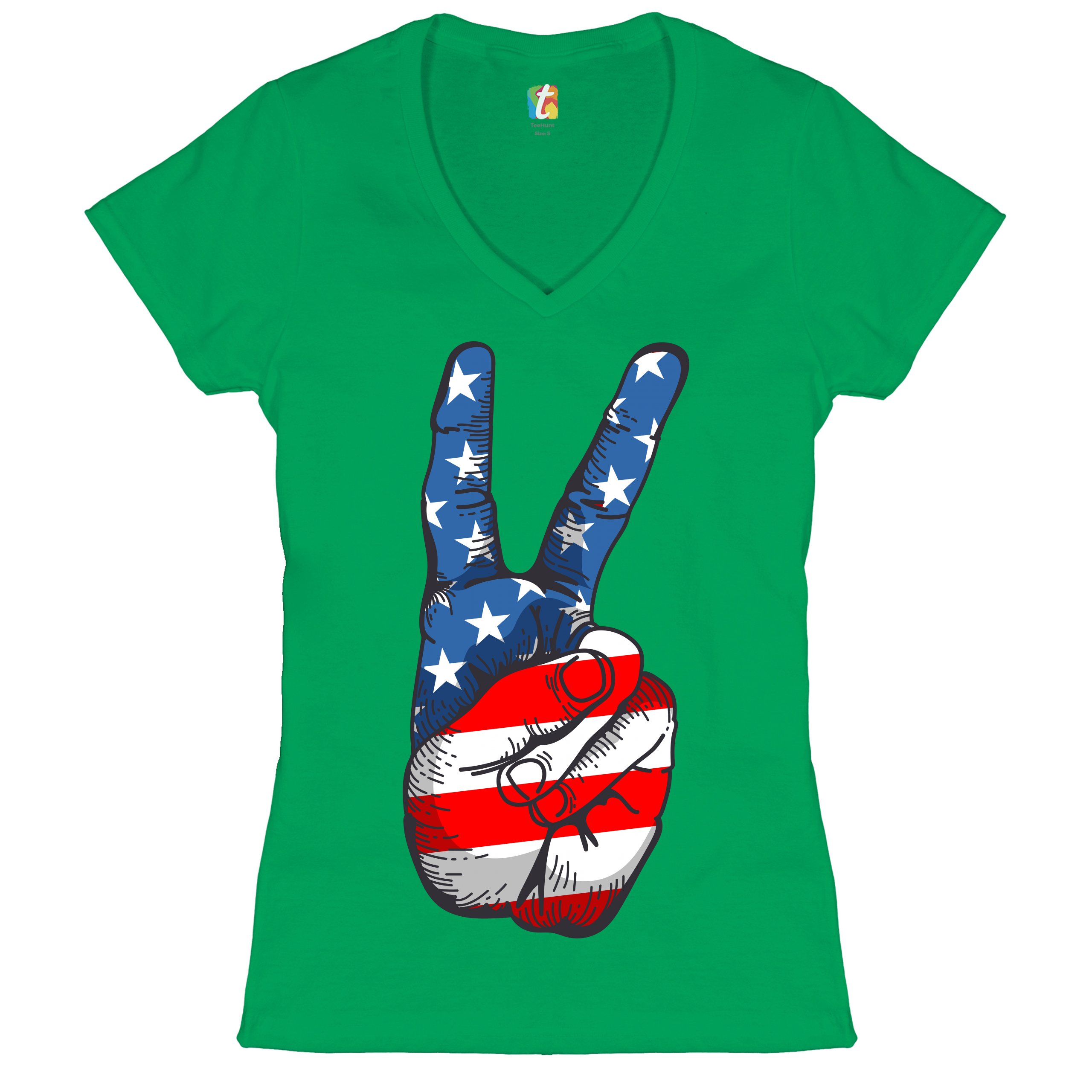 Patriotic Victory Sign Women's V-Neck T-shirt American Flag 4th of July Tee - Picture 26 of 41