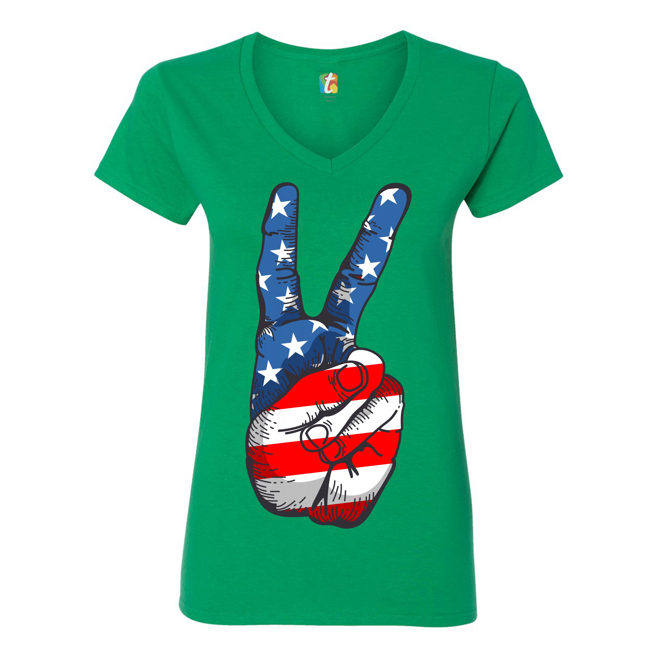 Patriotic Victory Sign Women's V-Neck T-shirt American Flag 4th of July Tee - Picture 27 of 41