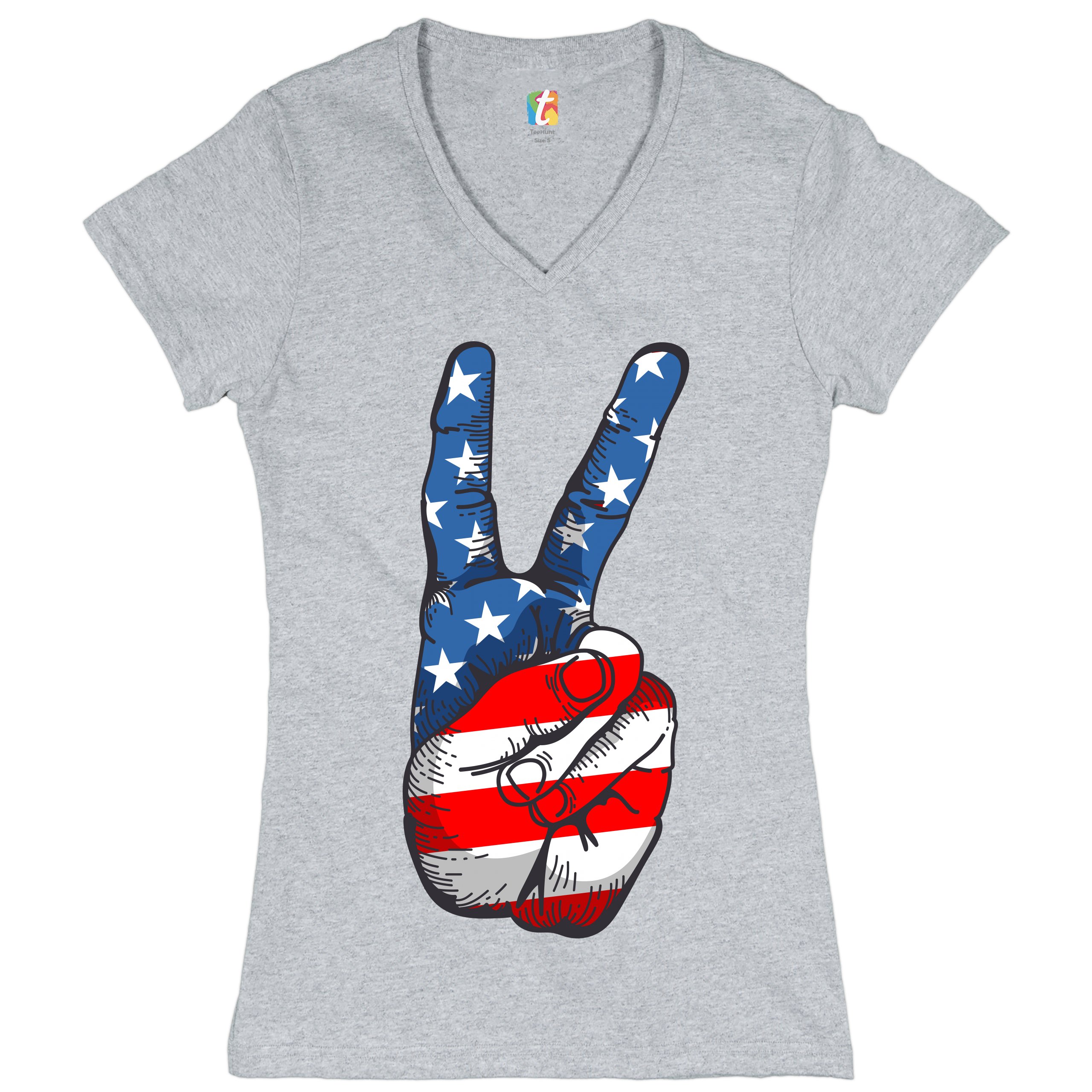 Patriotic Victory Sign Women's V-Neck T-shirt American Flag 4th of July Tee - Picture 10 of 41