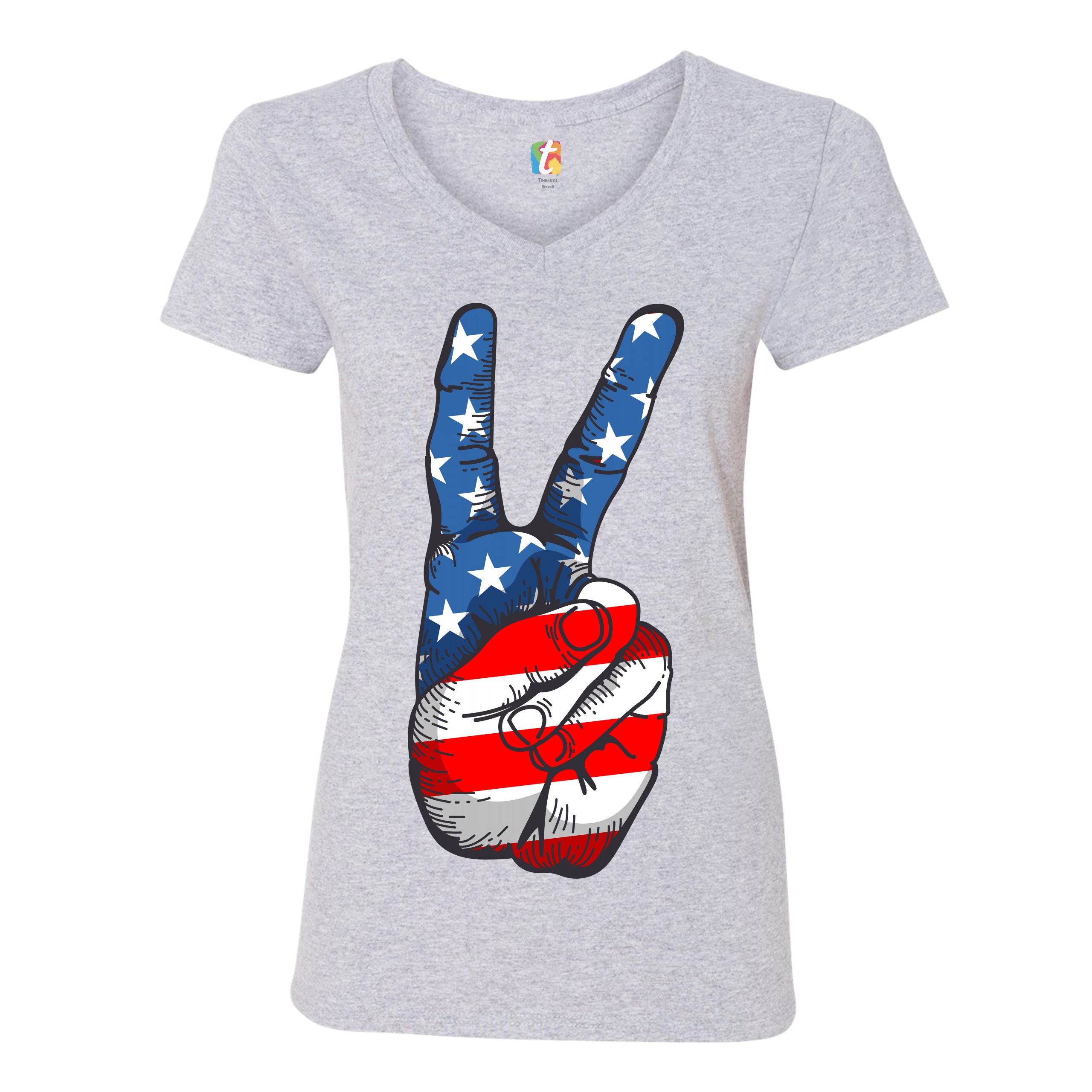 Patriotic Victory Sign Women's V-Neck T-shirt American Flag 4th of July Tee - Picture 11 of 41
