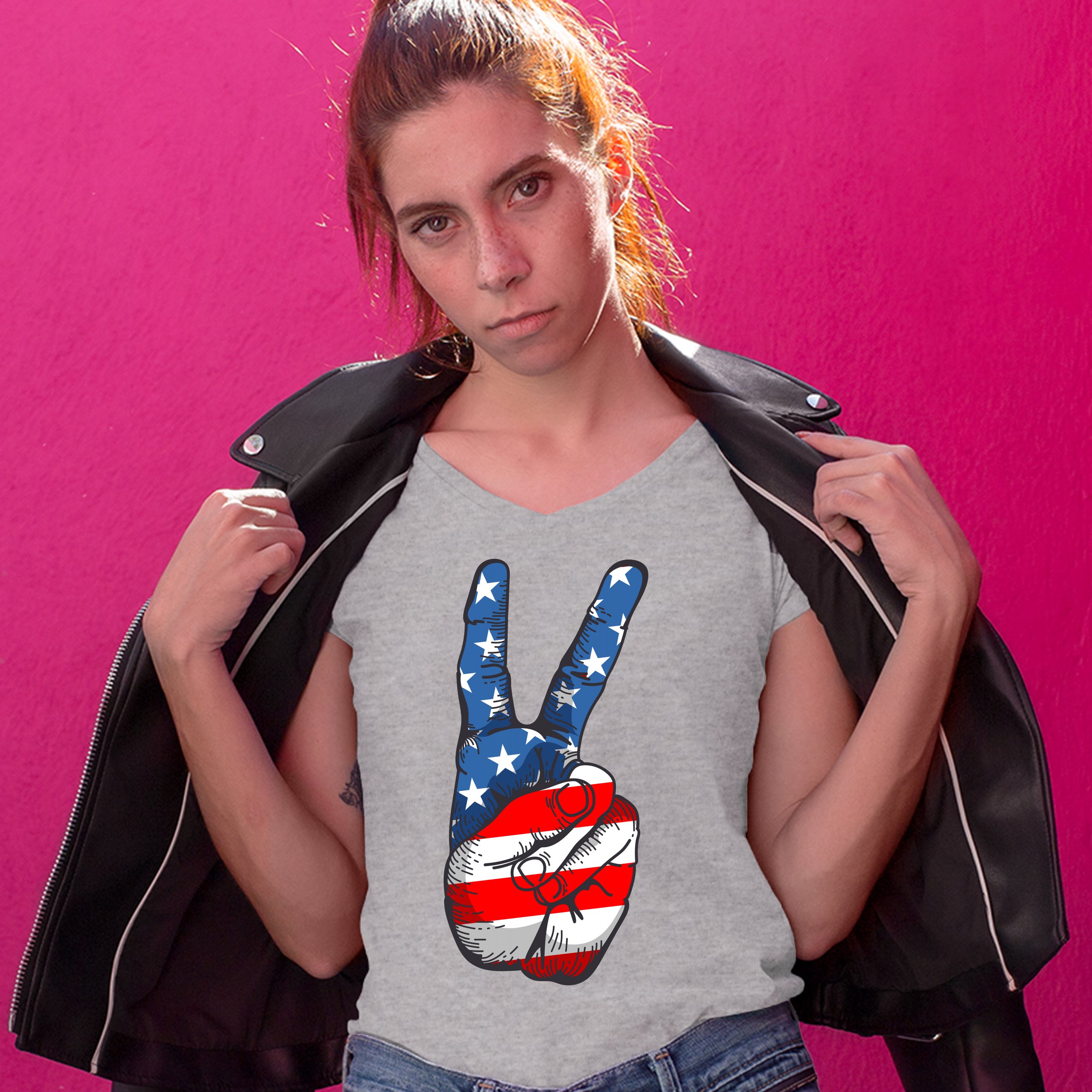 Patriotic Victory Sign Women's V-Neck T-shirt American Flag 4th of July Tee - Picture 13 of 41