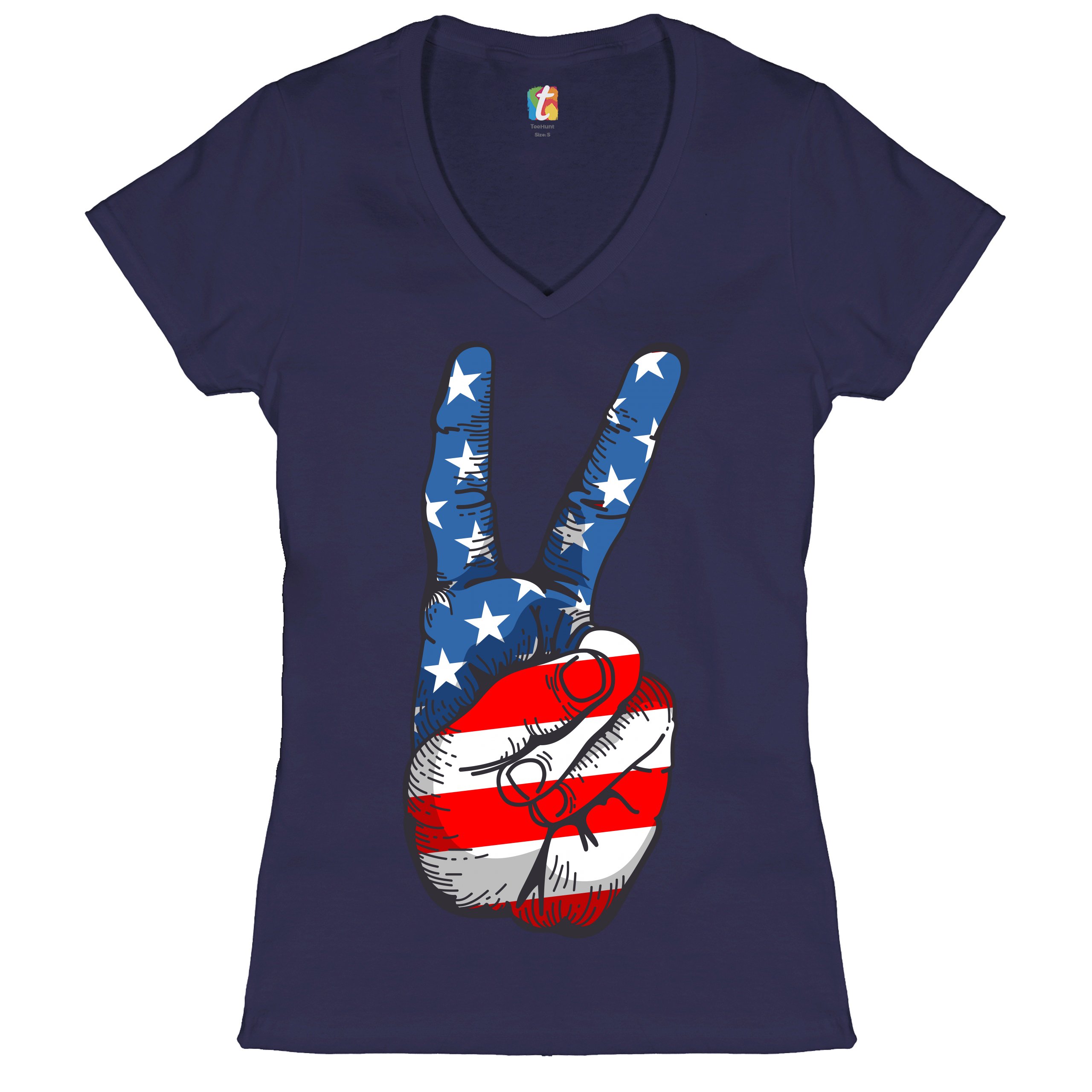 Patriotic Victory Sign Women's V-Neck T-shirt American Flag 4th of July Tee - Picture 22 of 41
