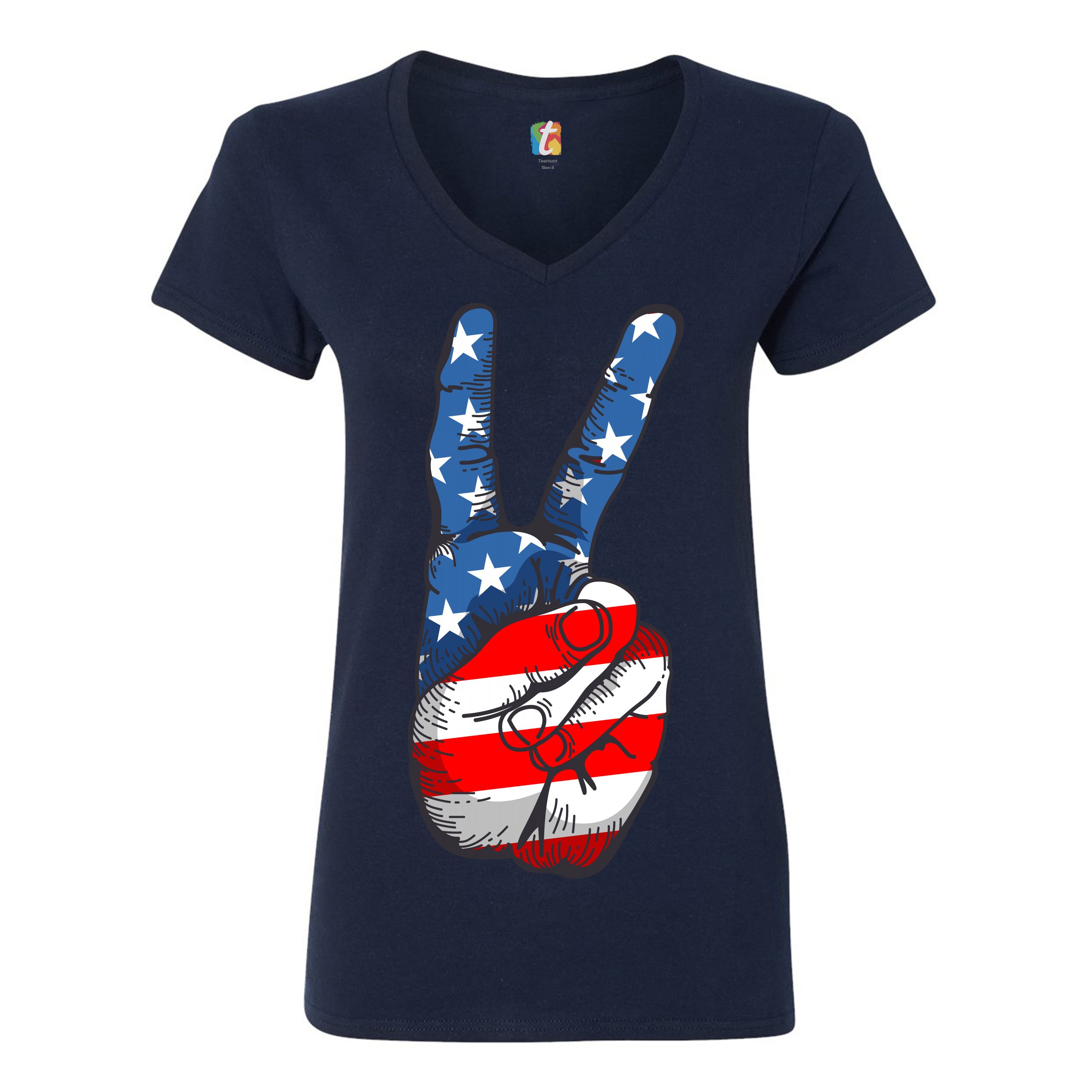 Patriotic Victory Sign Women's V-Neck T-shirt American Flag 4th of July Tee - Picture 23 of 41