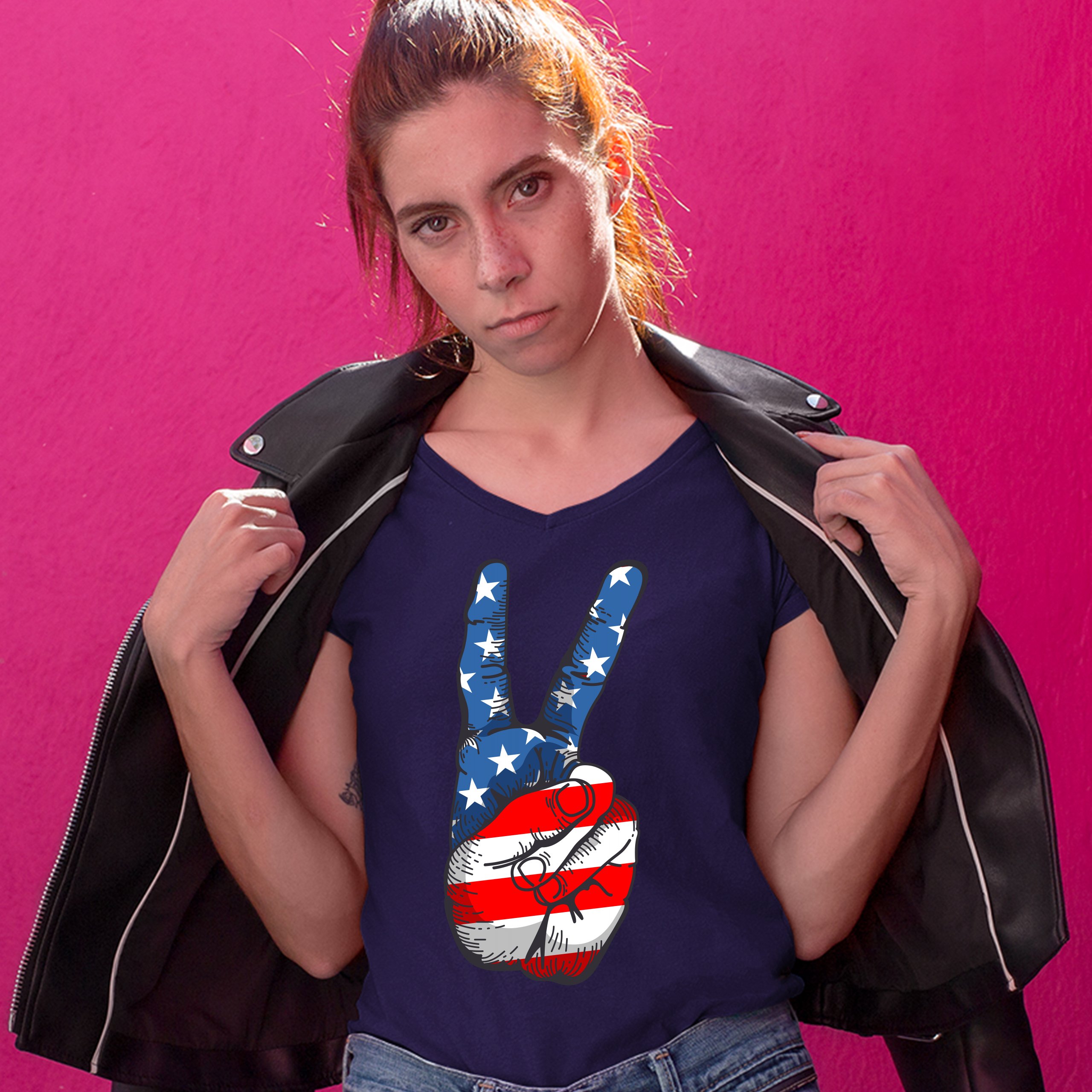 Patriotic Victory Sign Women's V-Neck T-shirt American Flag 4th of July Tee - Picture 25 of 41