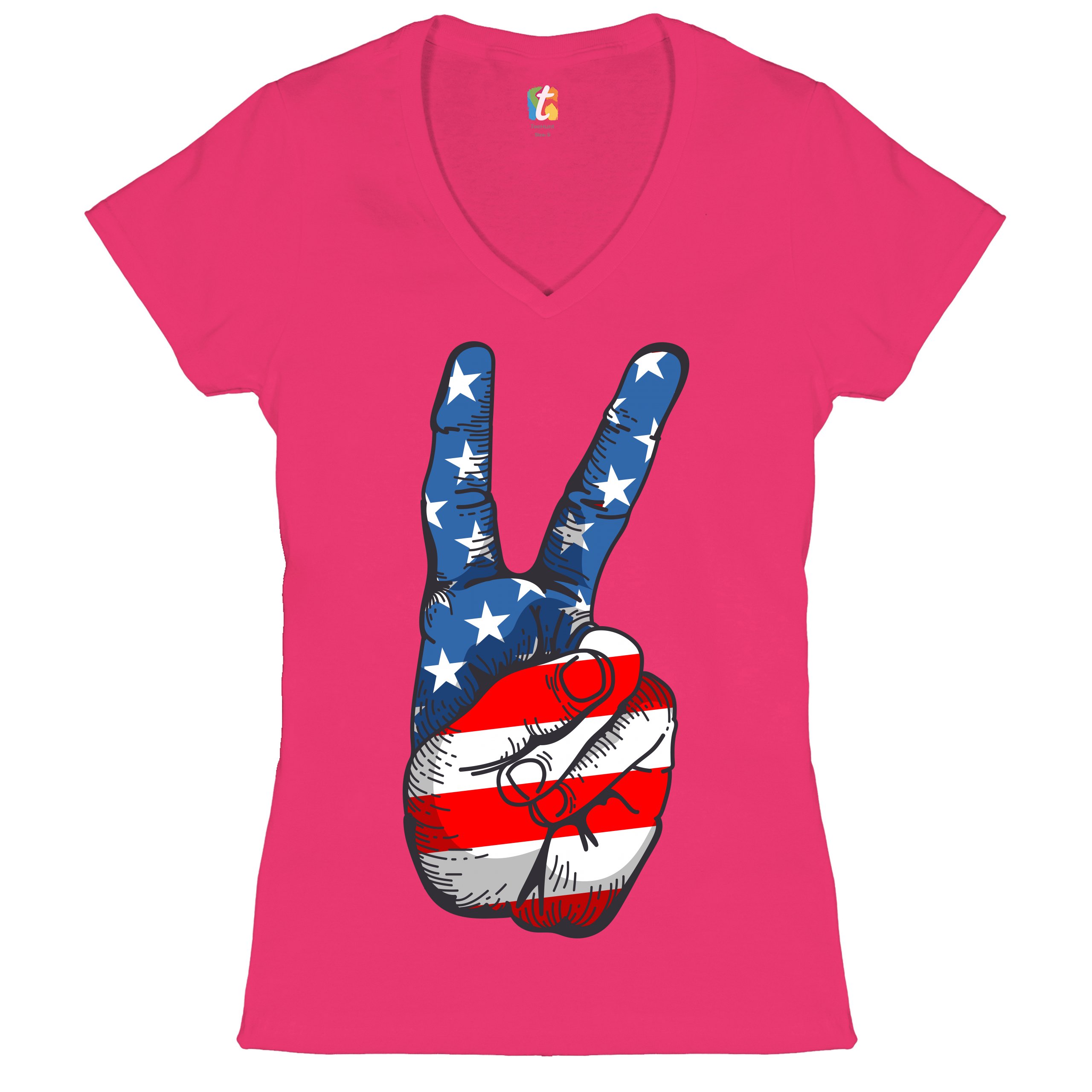Patriotic Victory Sign Women's V-Neck T-shirt American Flag 4th of July Tee - Picture 34 of 41