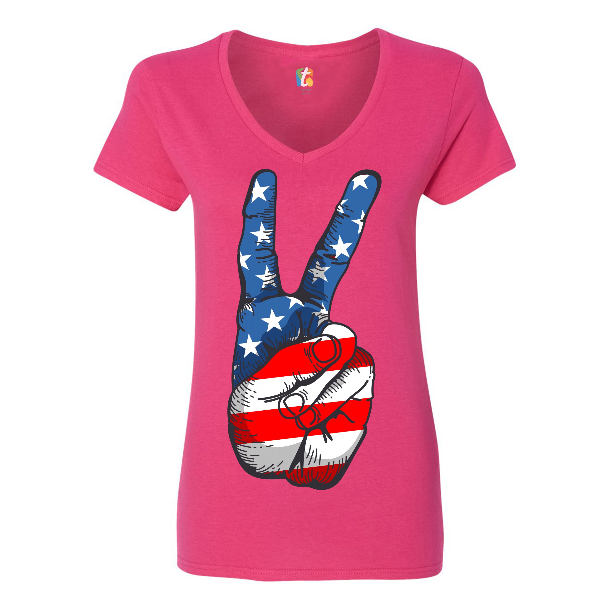 Patriotic Victory Sign Women's V-Neck T-shirt American Flag 4th of July Tee - Picture 35 of 41