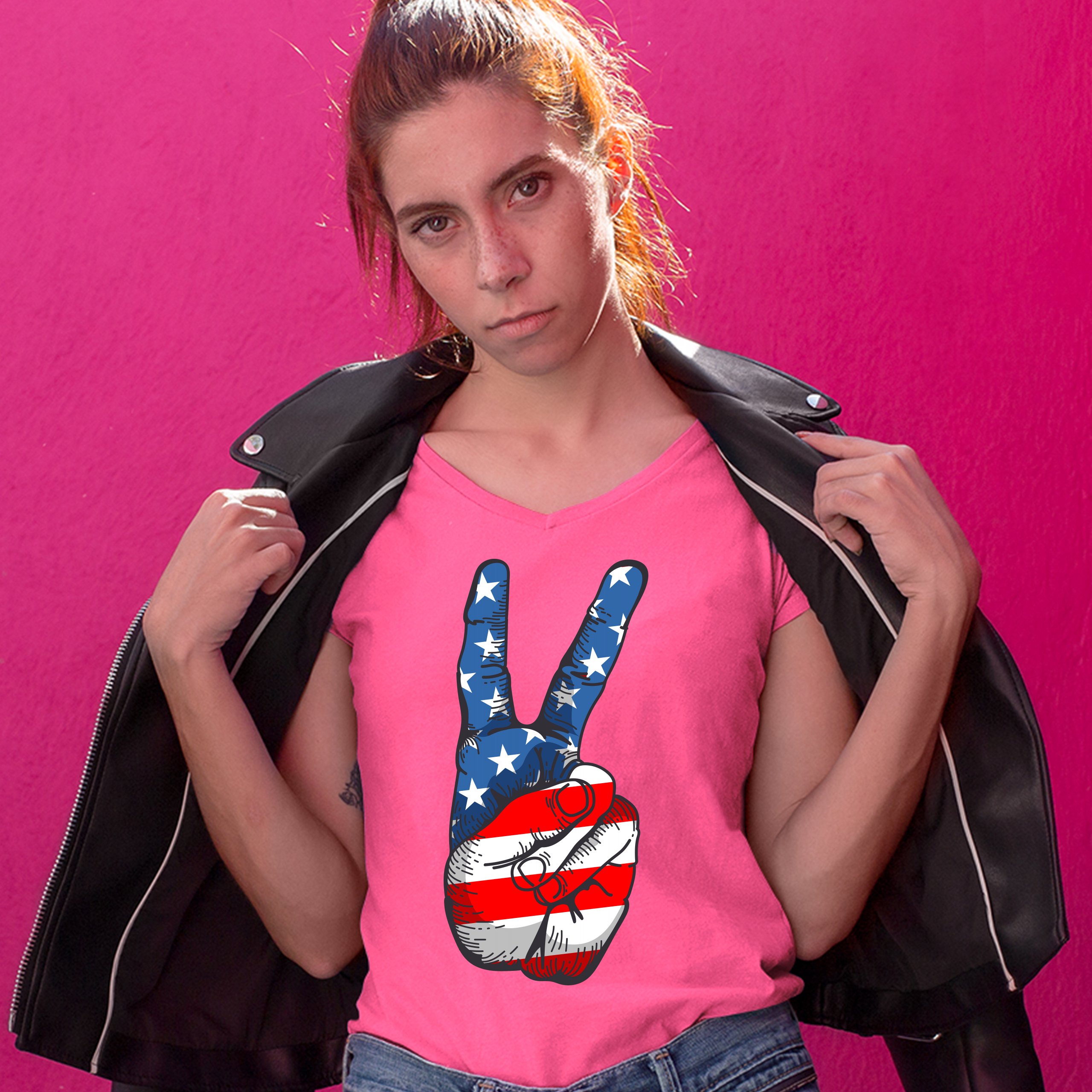 Patriotic Victory Sign Women's V-Neck T-shirt American Flag 4th of July Tee - Picture 37 of 41