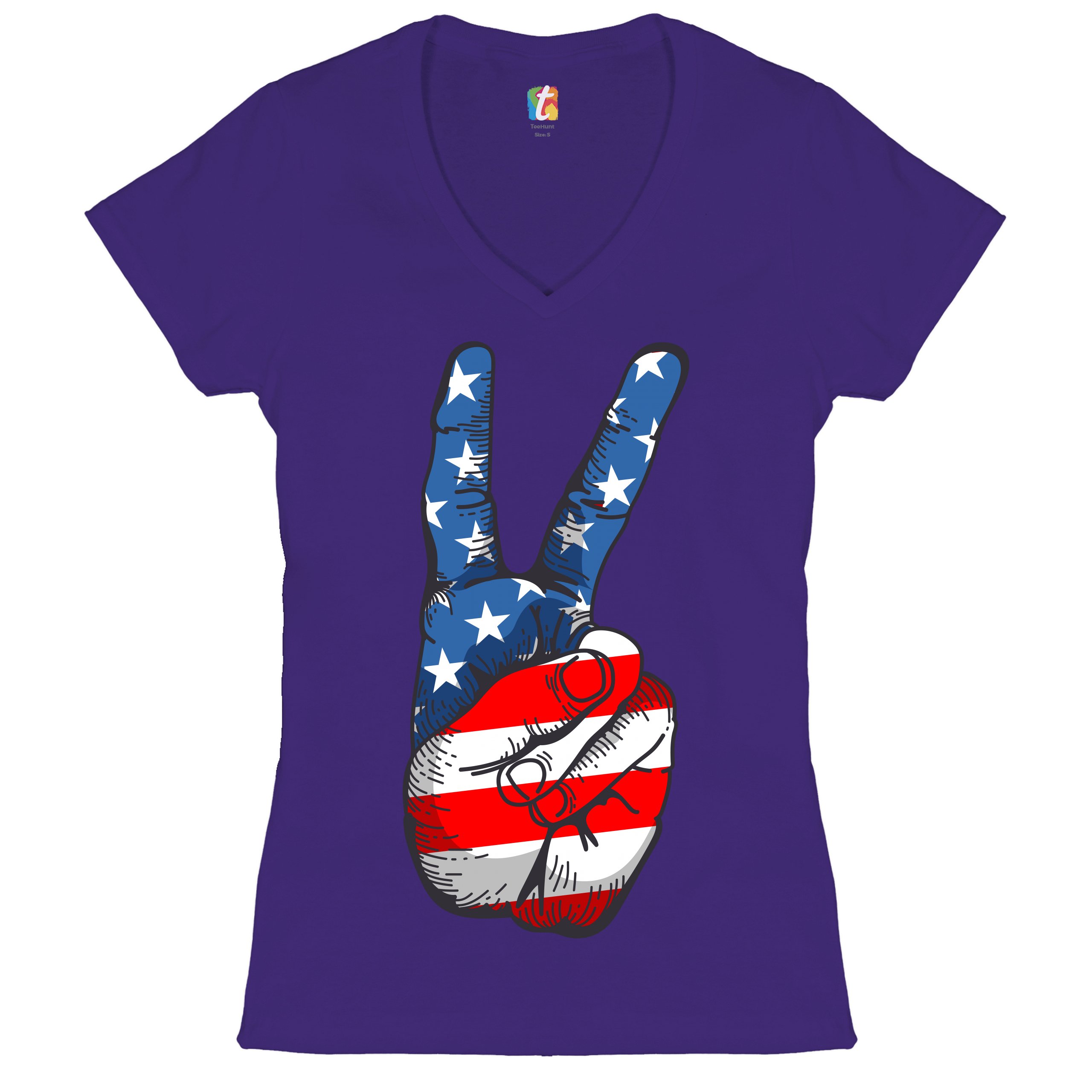 Patriotic Victory Sign Women's V-Neck T-shirt American Flag 4th of July Tee - Picture 14 of 41